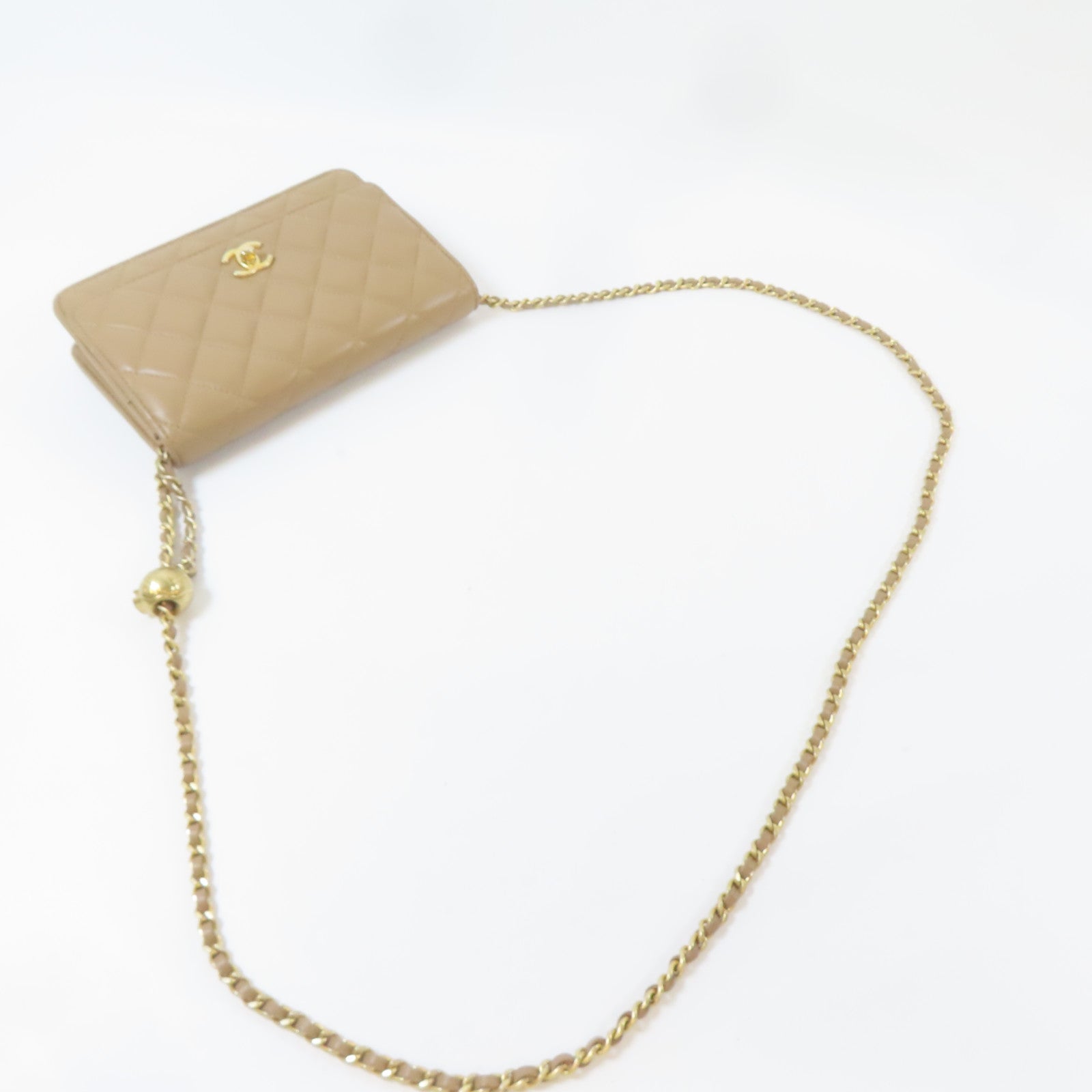 CHANEL 菱格羊皮皮革Wallet On Chain Gold Ball金扣鏈帶肩背袋