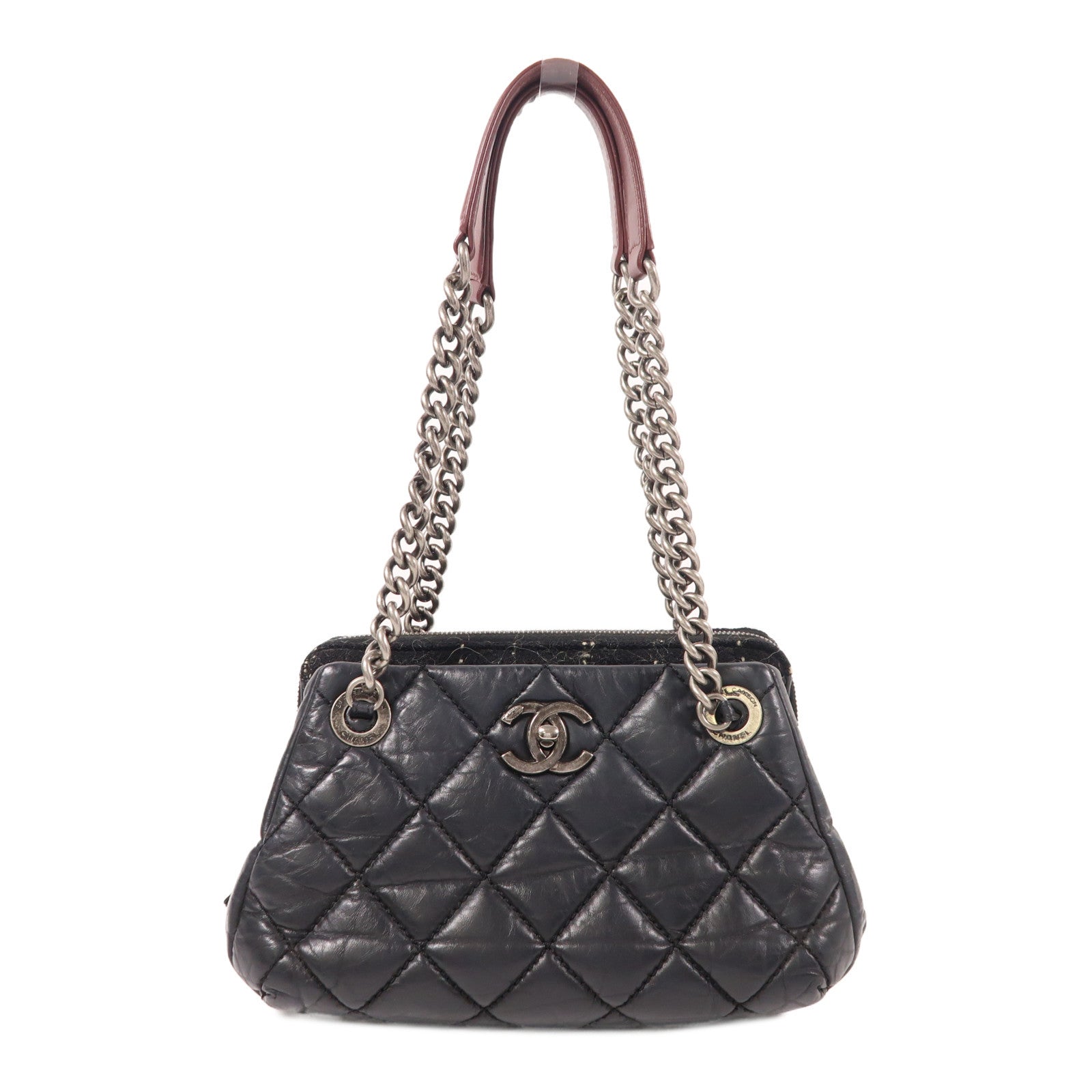 CHANEL Tweed/牛皮皮革Chain Shoulder鏈帶肩背袋