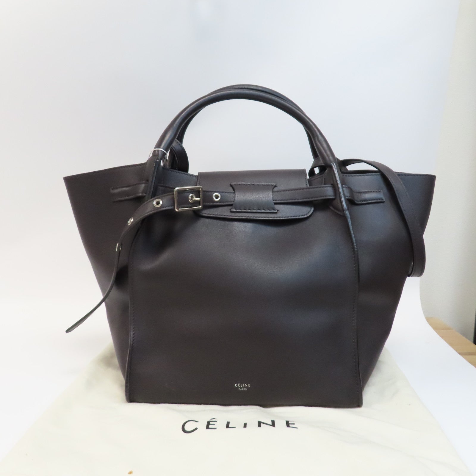 CELINE 牛皮皮革Big Bag銀扣手挽肩背兩用袋深啡色