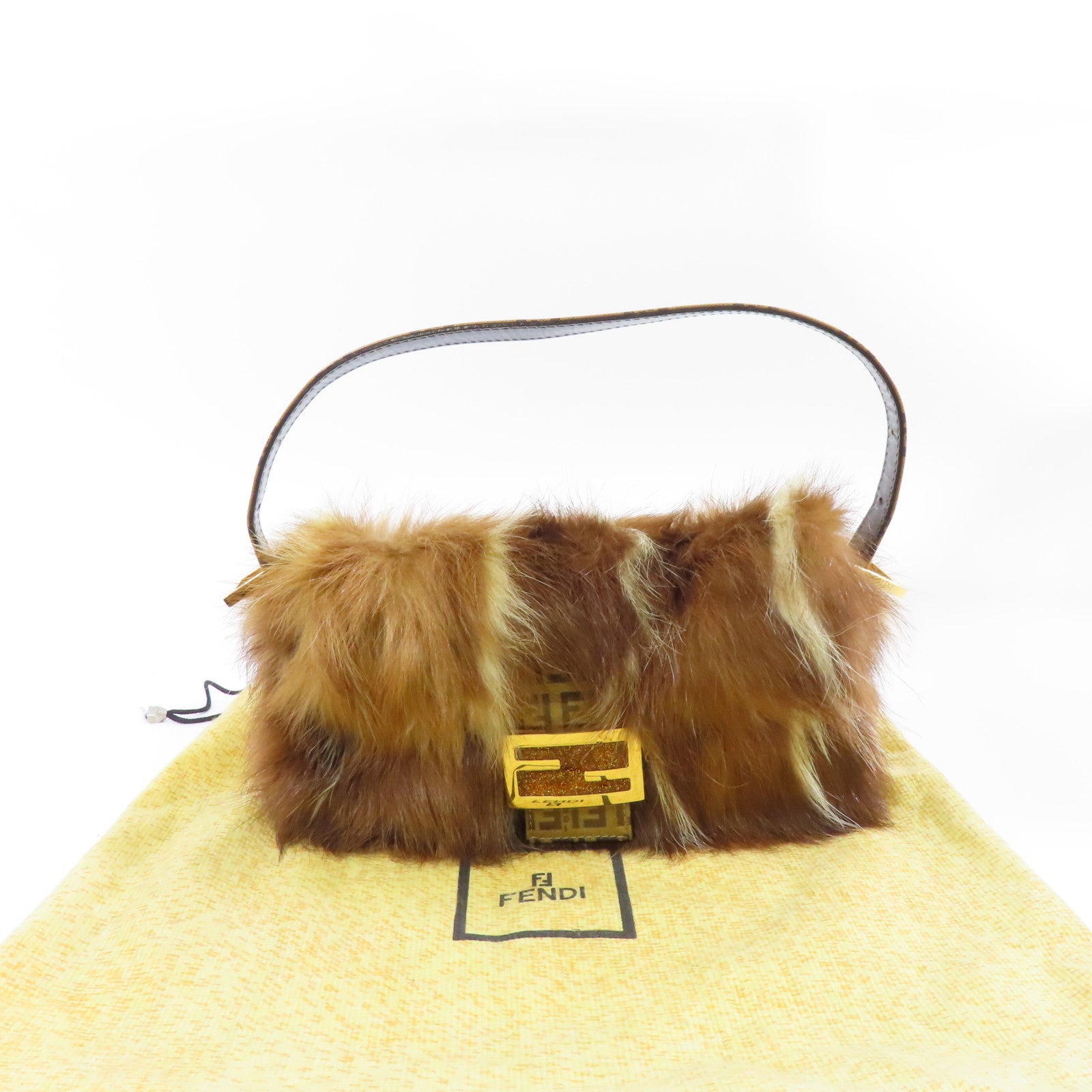 FENDI 毛茸Baguette金扣肩背袋棕色