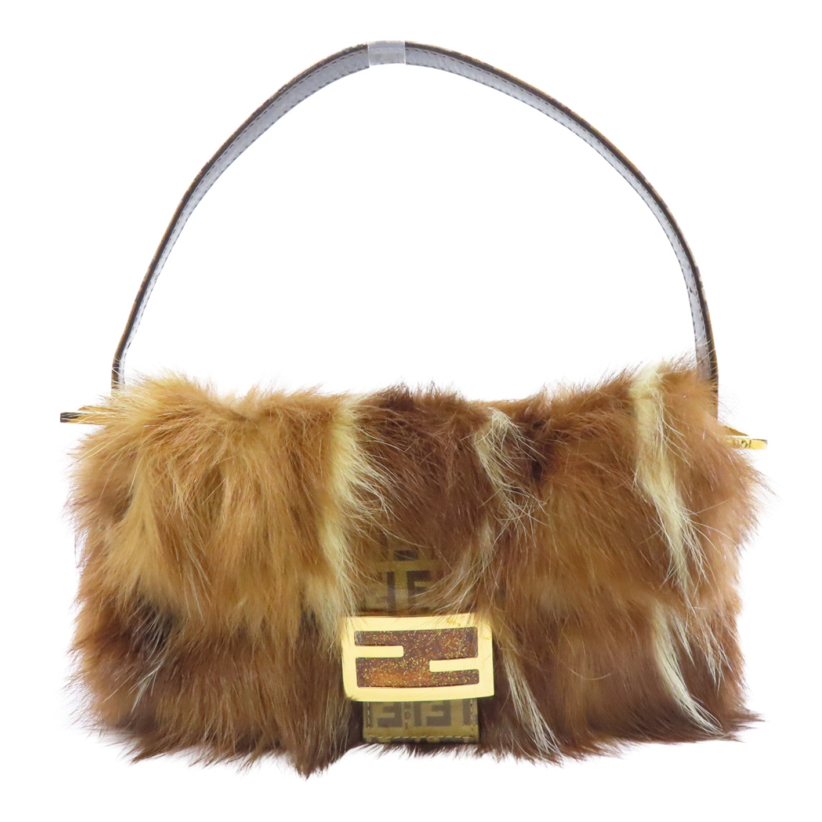FENDI 毛茸Baguette金扣肩背袋棕色