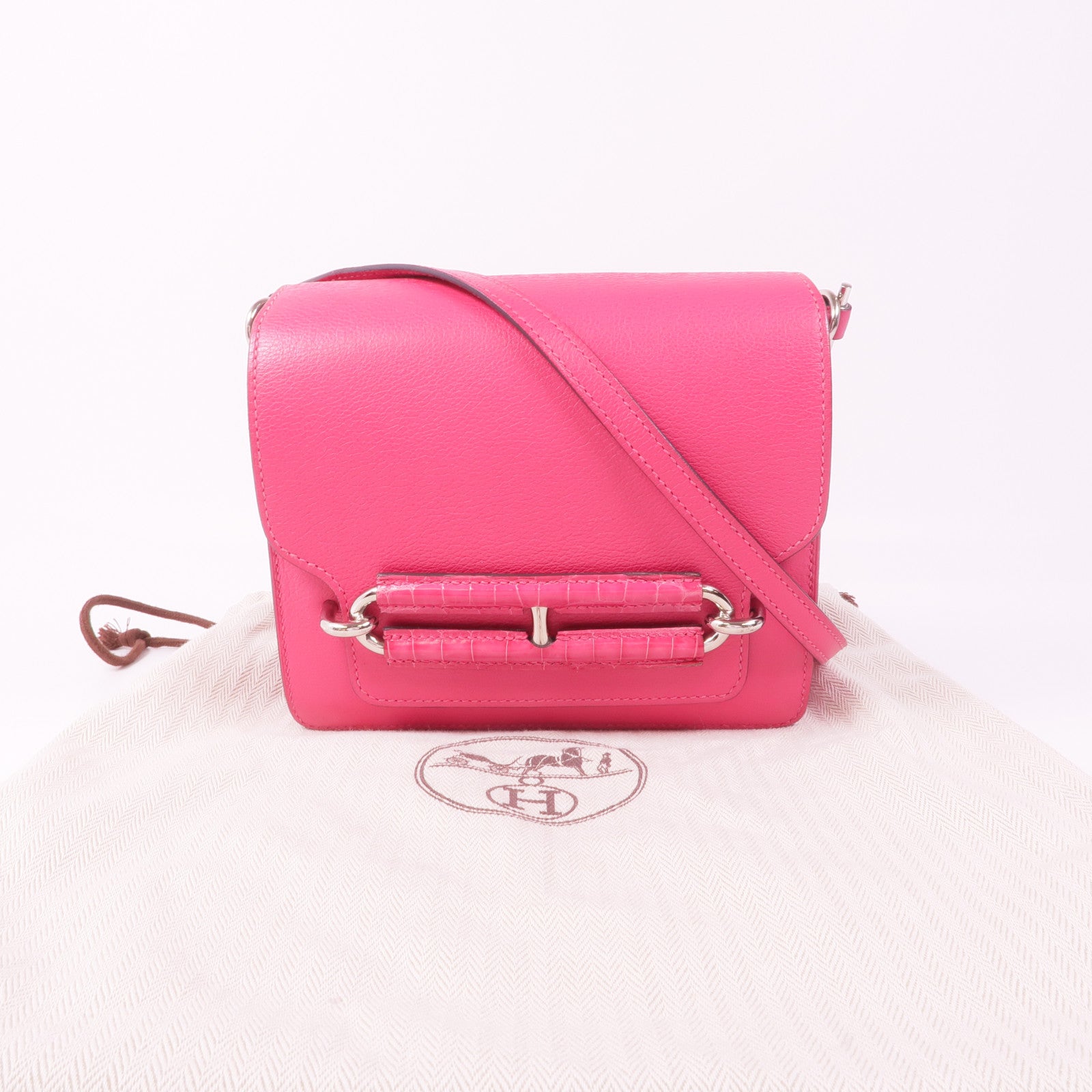 HERMES Evercolor/鱷魚皮革Mini Roulis Touch銀扣手挽肩背兩用袋Rose Mexico