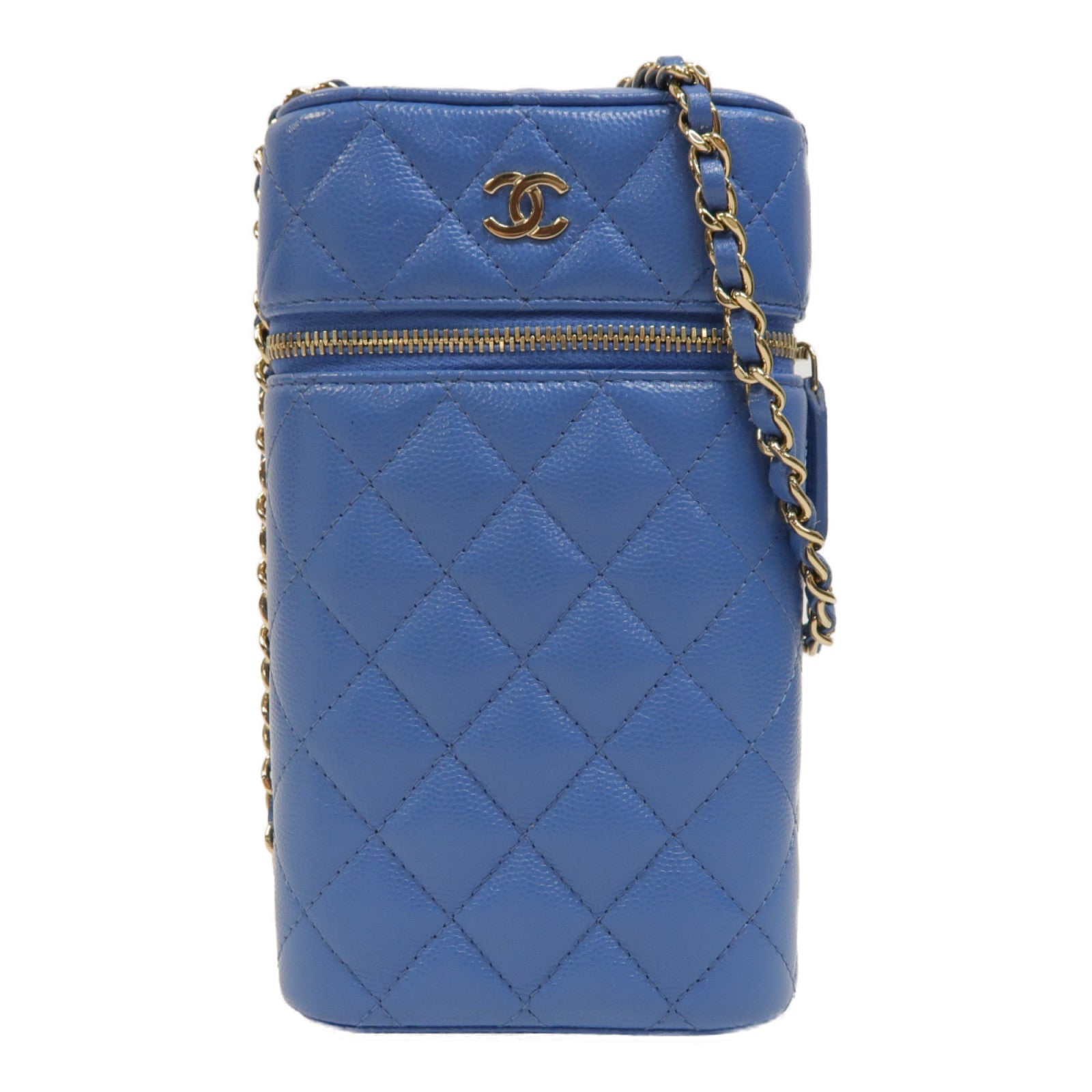 CHANEL 【激減優惠】菱格牛皮皮革Classic Vanity金扣鏈帶肩背袋淺藍色