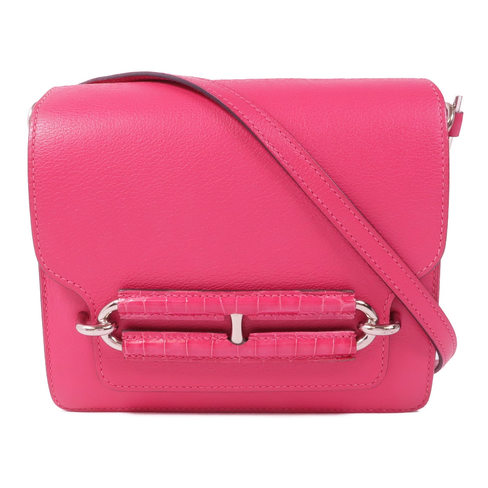 HERMES Evercolor/鱷魚皮革Mini Roulis Touch銀扣手挽肩背兩用袋Rose Mexico