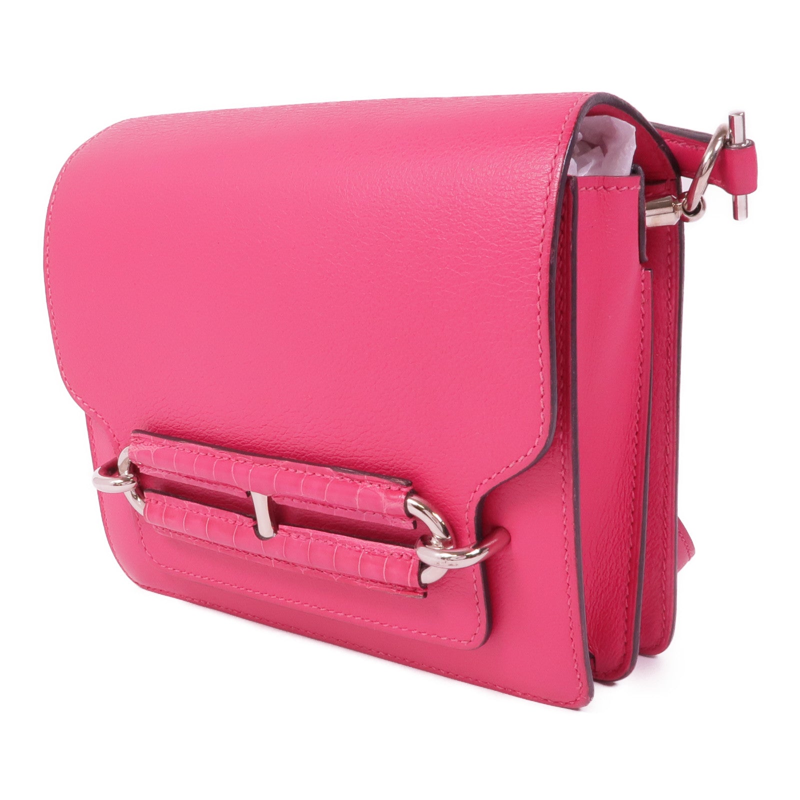 HERMES Evercolor/鱷魚皮革Mini Roulis Touch銀扣手挽肩背兩用袋Rose Mexico