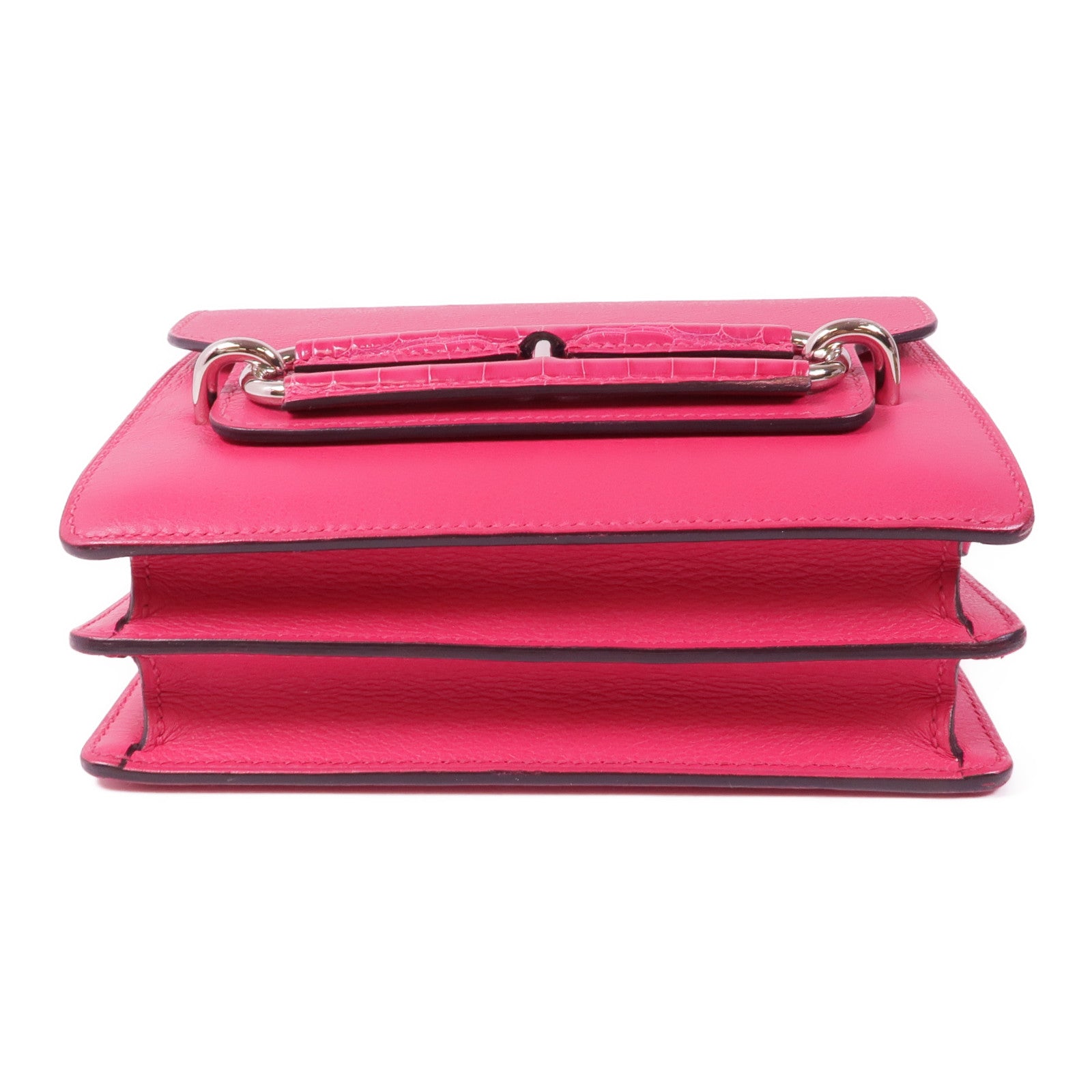 HERMES Evercolor/鱷魚皮革Mini Roulis Touch銀扣手挽肩背兩用袋Rose Mexico