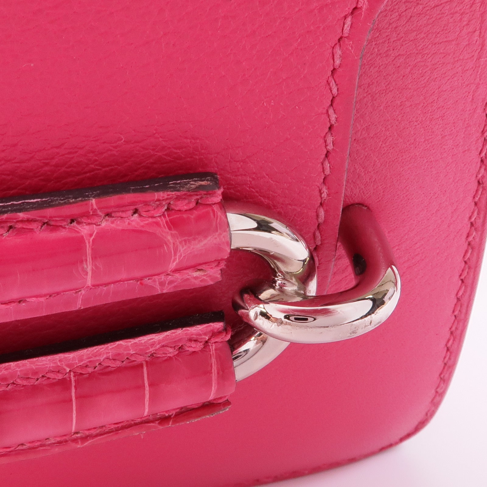 HERMES Evercolor/鱷魚皮革Mini Roulis Touch銀扣手挽肩背兩用袋Rose Mexico