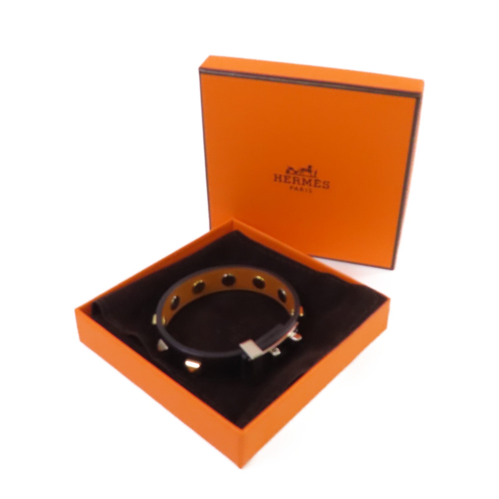 HERMES 牛皮皮革/金屬Mini Dog Bracelet銀扣手鐲黑色/金色/銀色#T2