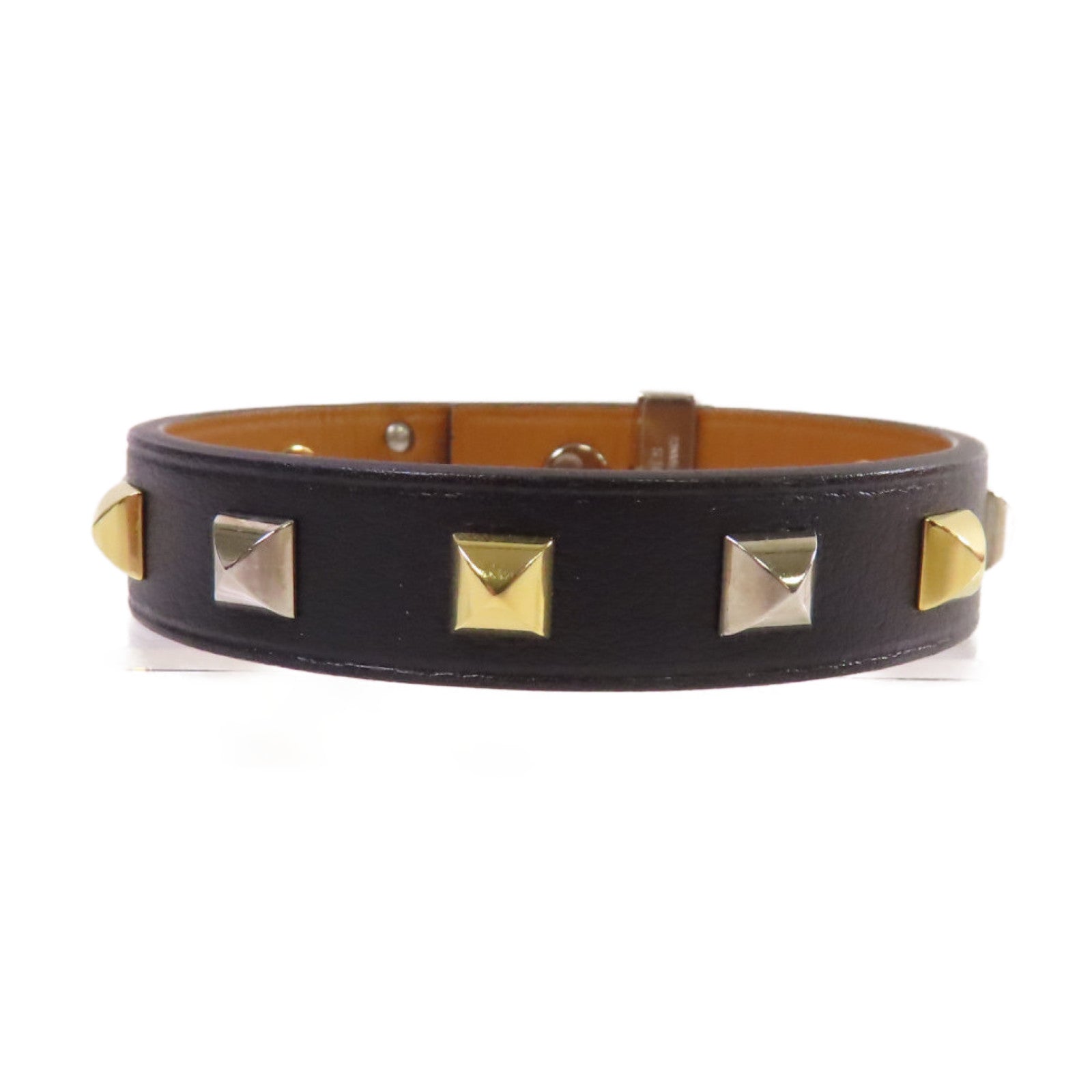 HERMES 牛皮皮革/金屬Mini Dog Bracelet銀扣手鐲黑色/金色/銀色#T2