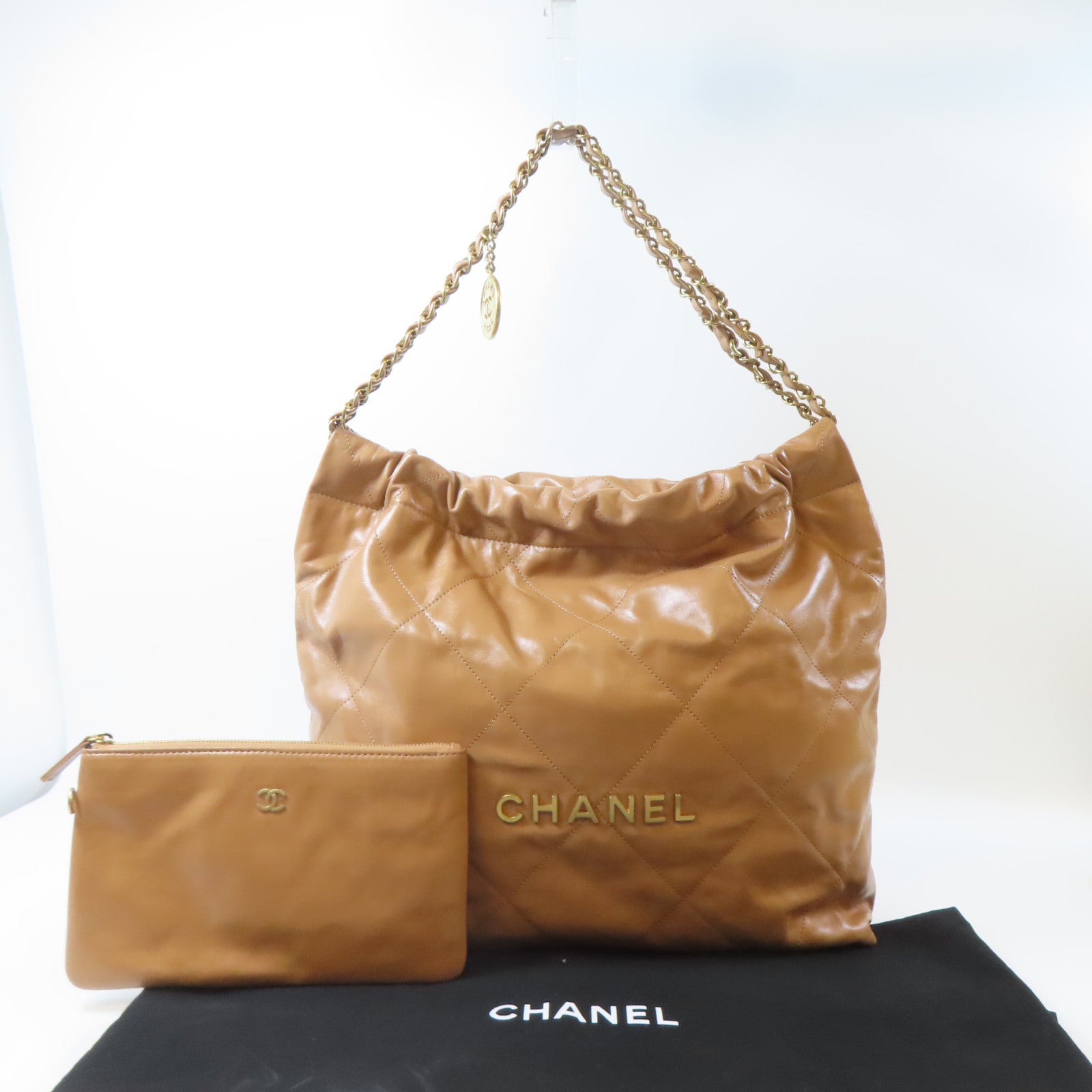 CHANEL 菱格牛皮皮革Chanel 22金扣鏈帶肩背袋啡色