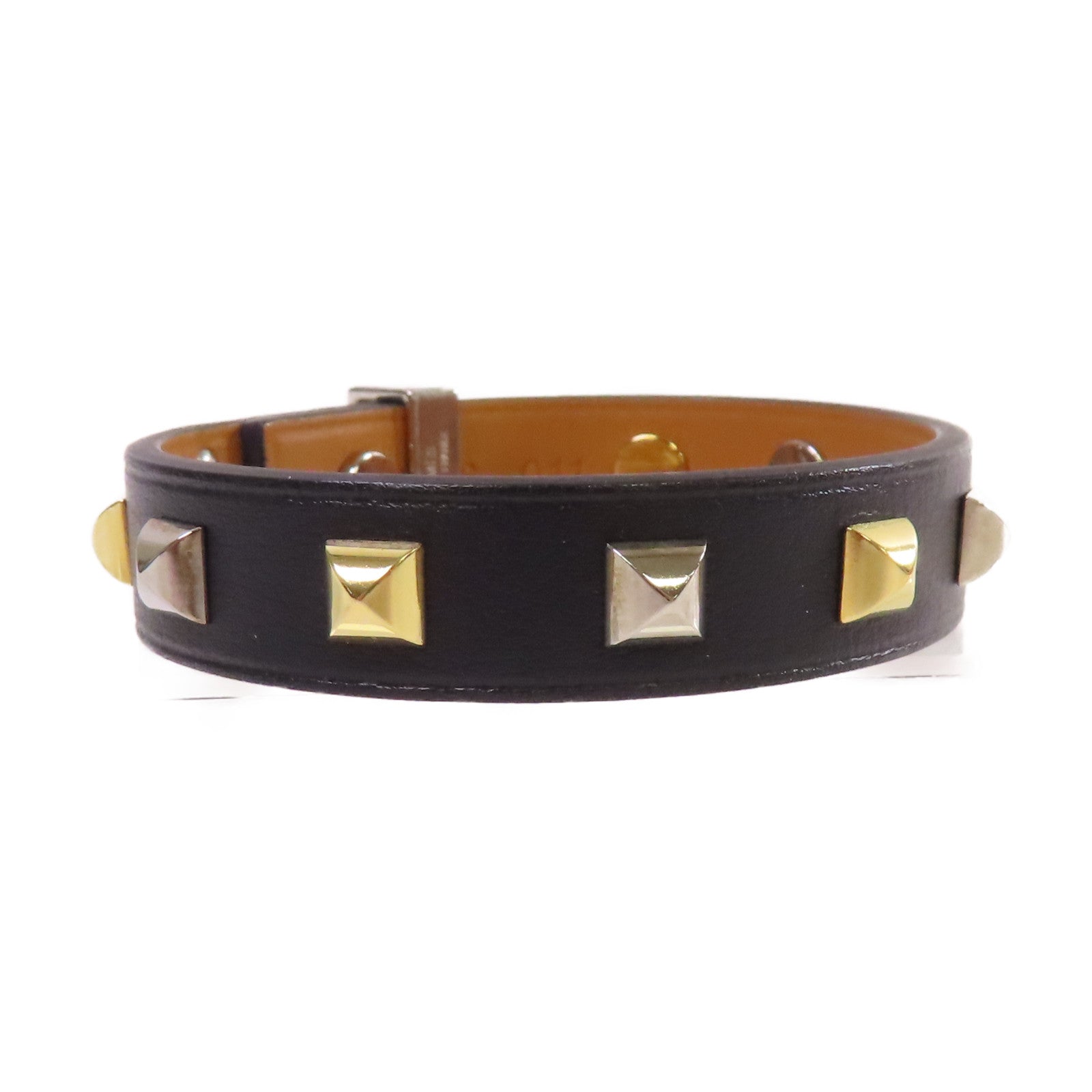HERMES 牛皮皮革/金屬Mini Dog Bracelet銀扣手鐲黑色/金色/銀色#T2