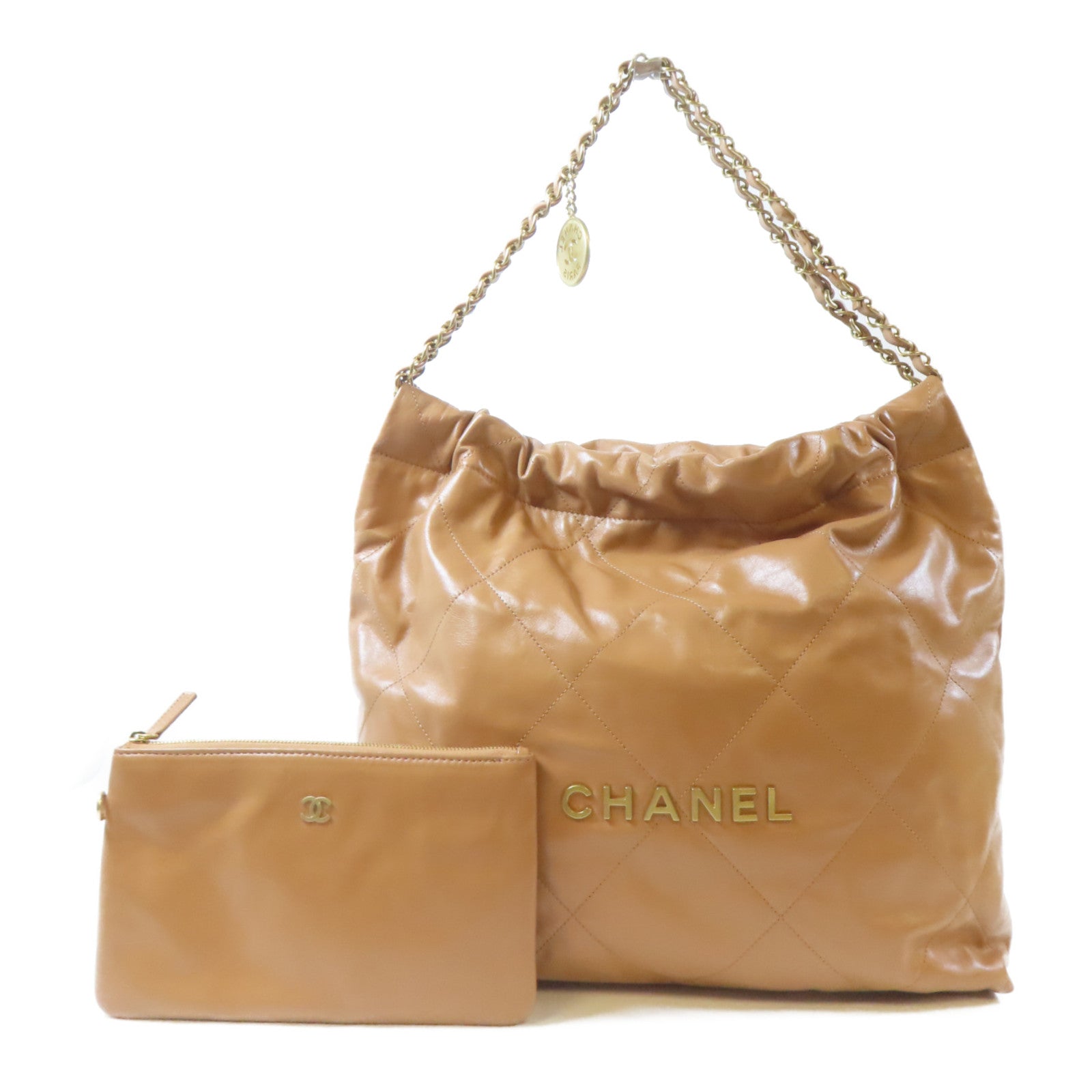 CHANEL 菱格牛皮皮革Chanel 22金扣鏈帶肩背袋啡色