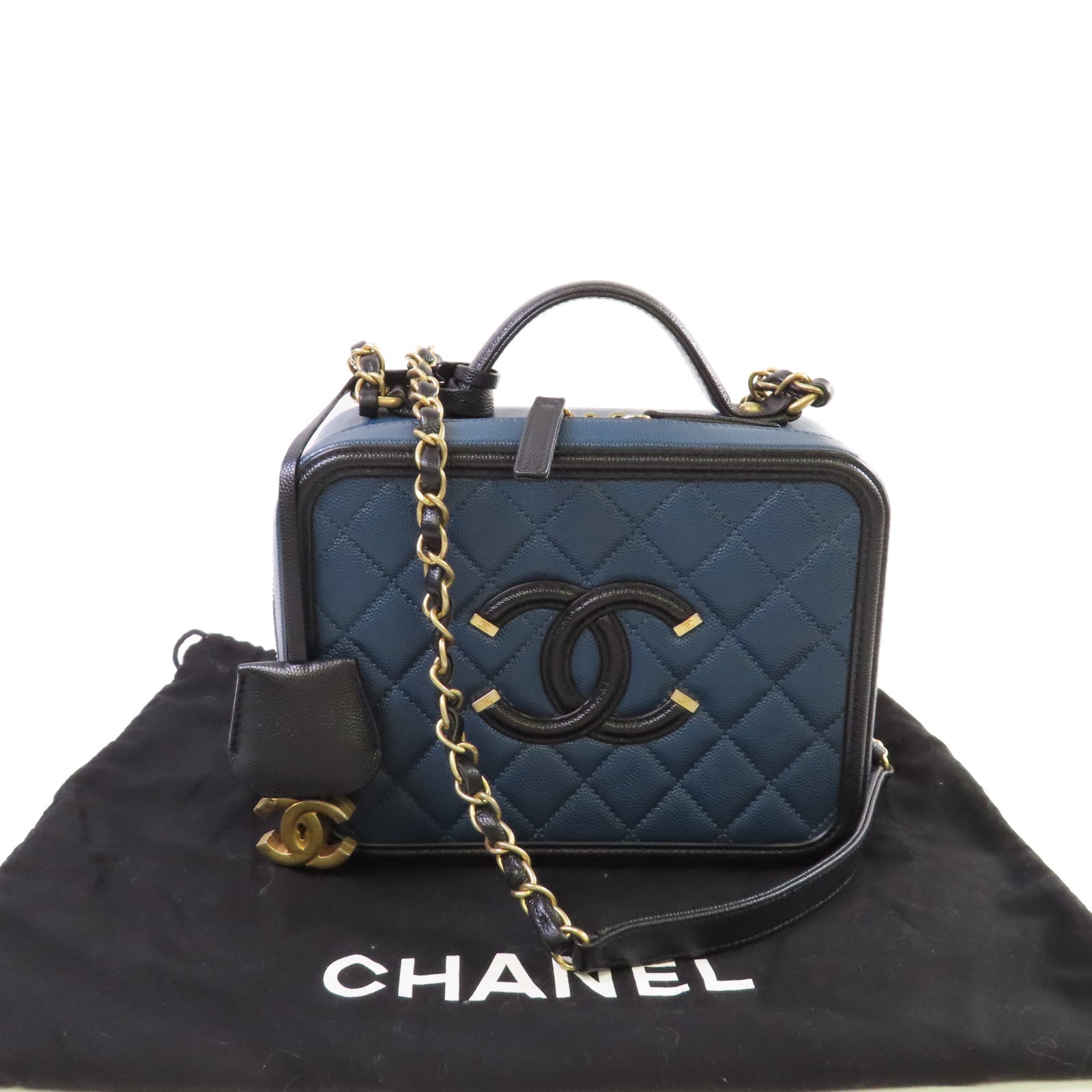 CHANEL 【激減優惠】菱格Caviar皮革Filigree Vanity Case 2Way Shoulder Bag金扣鏈帶手挽肩背兩用袋藍色/黑色