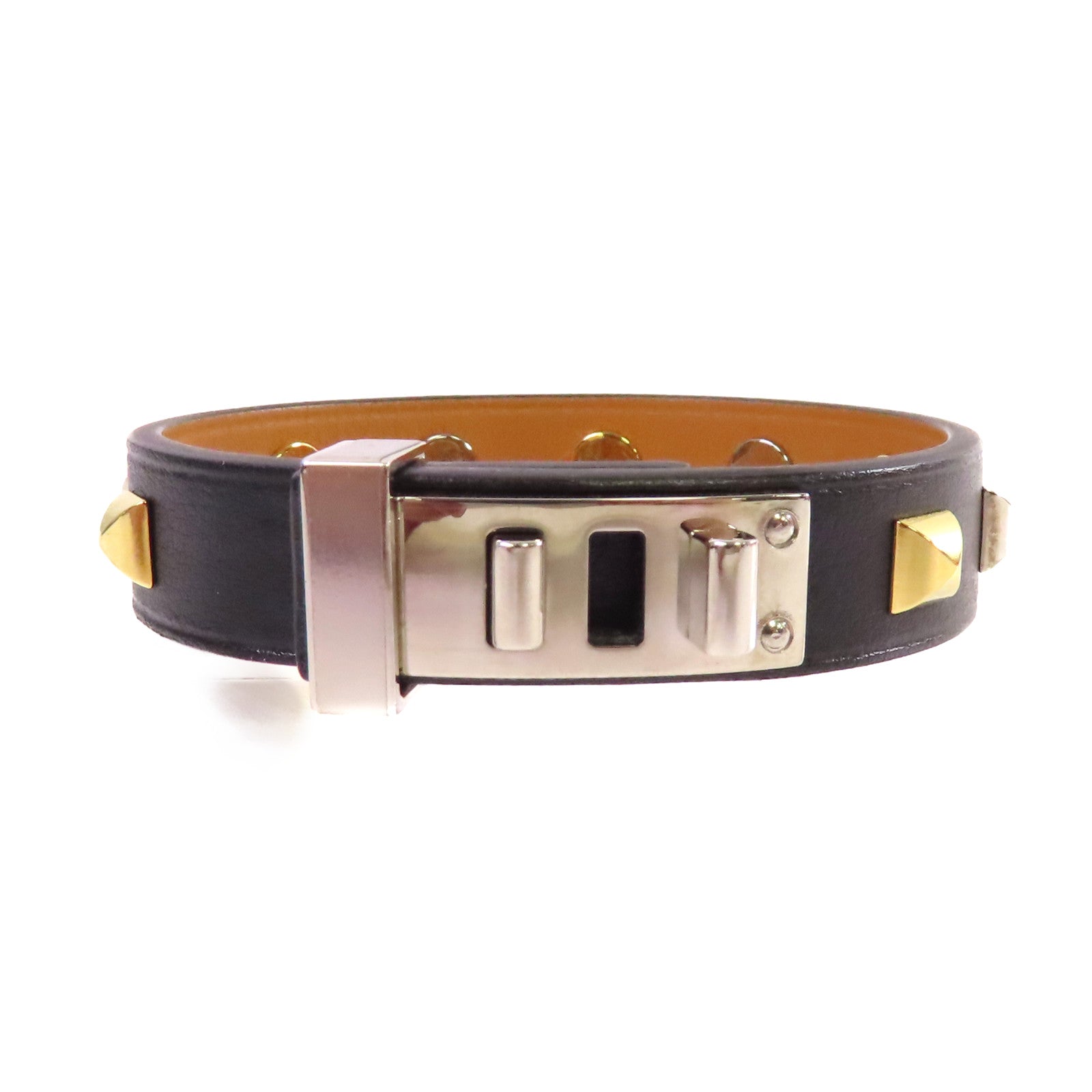 HERMES 牛皮皮革/金屬Mini Dog Bracelet銀扣手鐲黑色/金色/銀色#T2