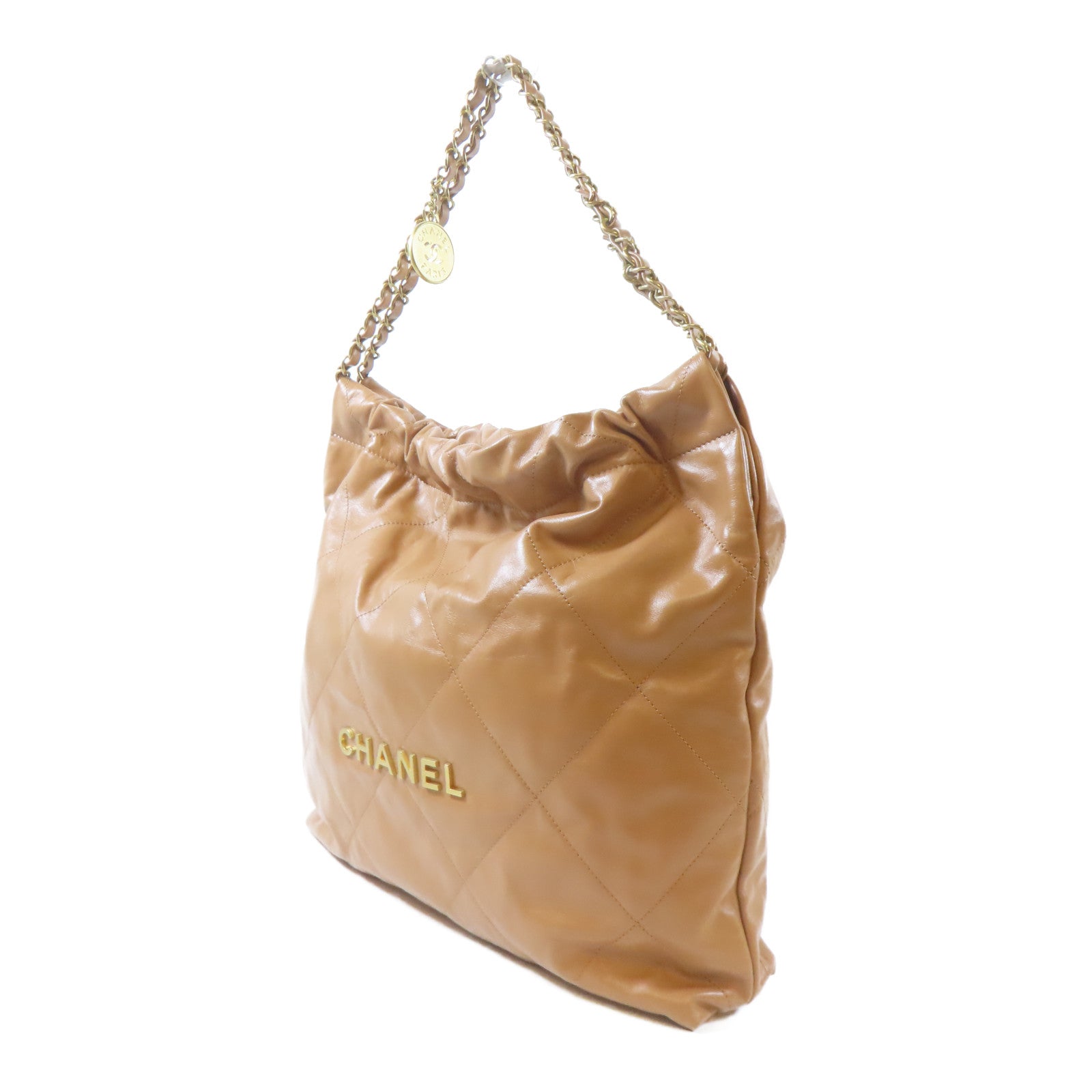 CHANEL 菱格牛皮皮革Chanel 22金扣鏈帶肩背袋啡色