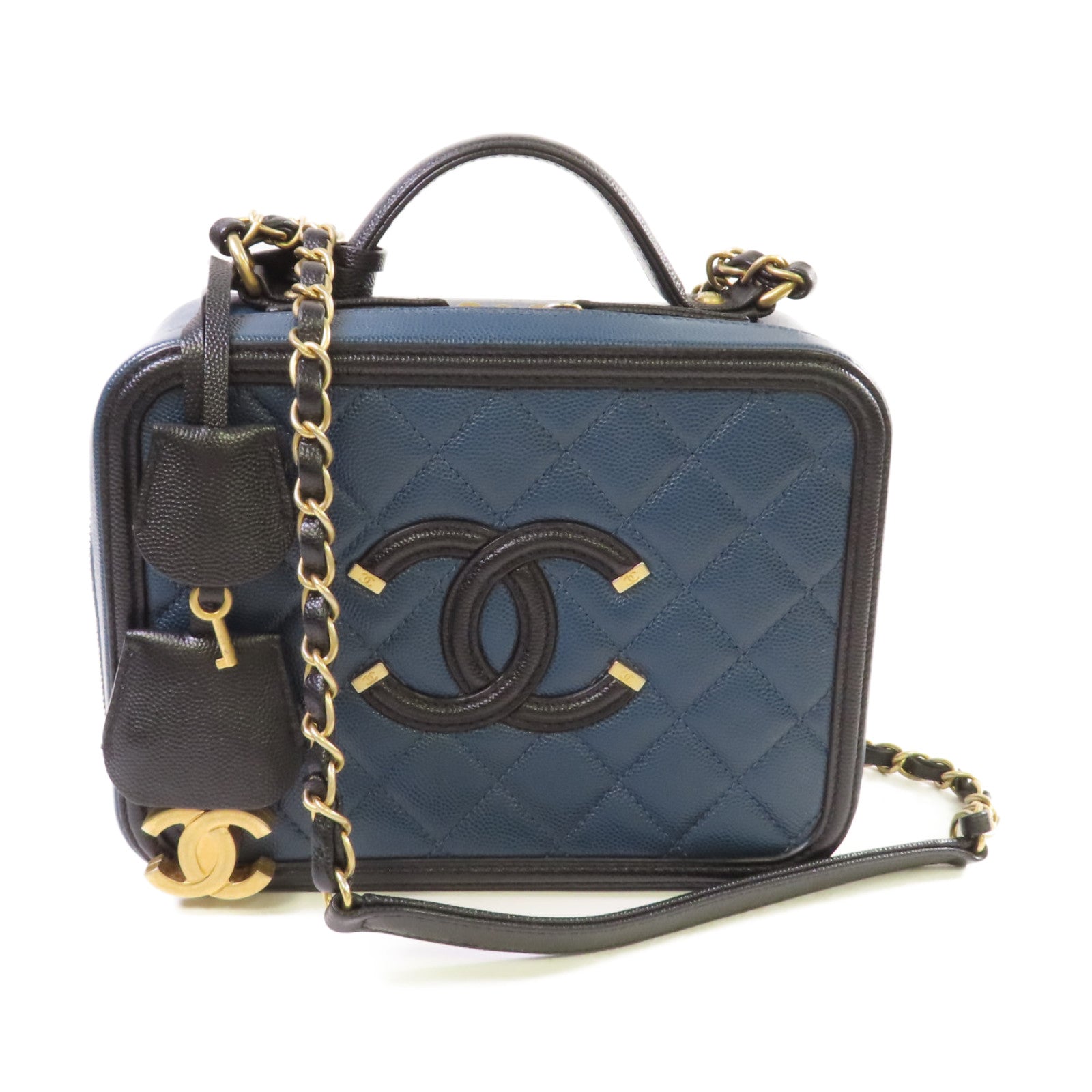 CHANEL 【激減優惠】菱格Caviar皮革Filigree Vanity Case 2Way Shoulder Bag金扣鏈帶手挽肩背兩用袋藍色/黑色