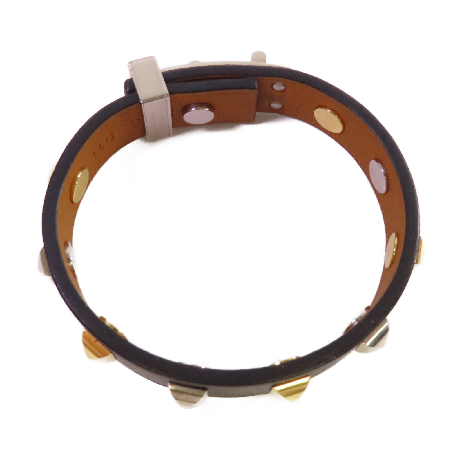 HERMES 牛皮皮革/金屬Mini Dog Bracelet銀扣手鐲黑色/金色/銀色#T2