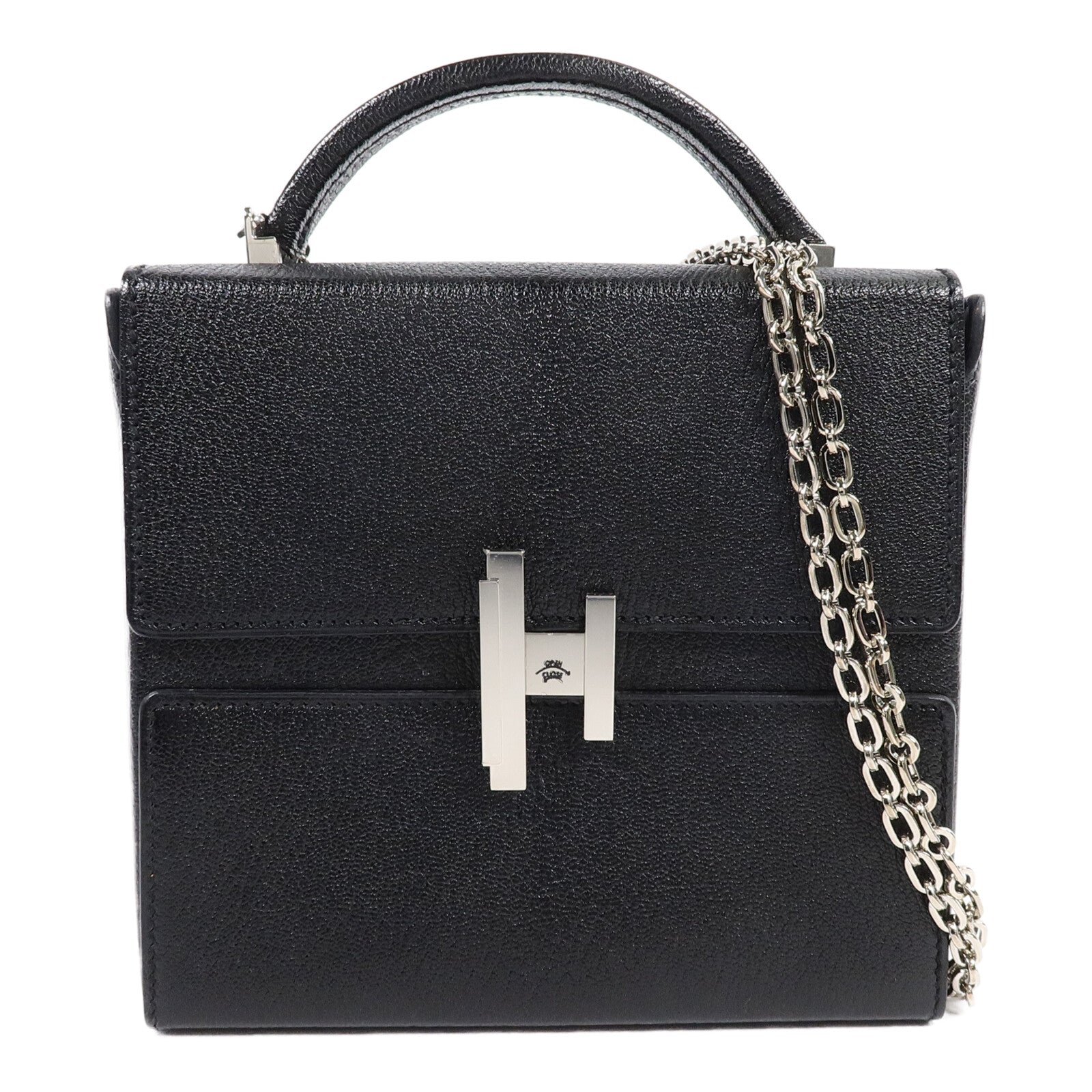 HERMES Chevre皮革Cinhetic Box肩背袋Black/Bleu Saphir