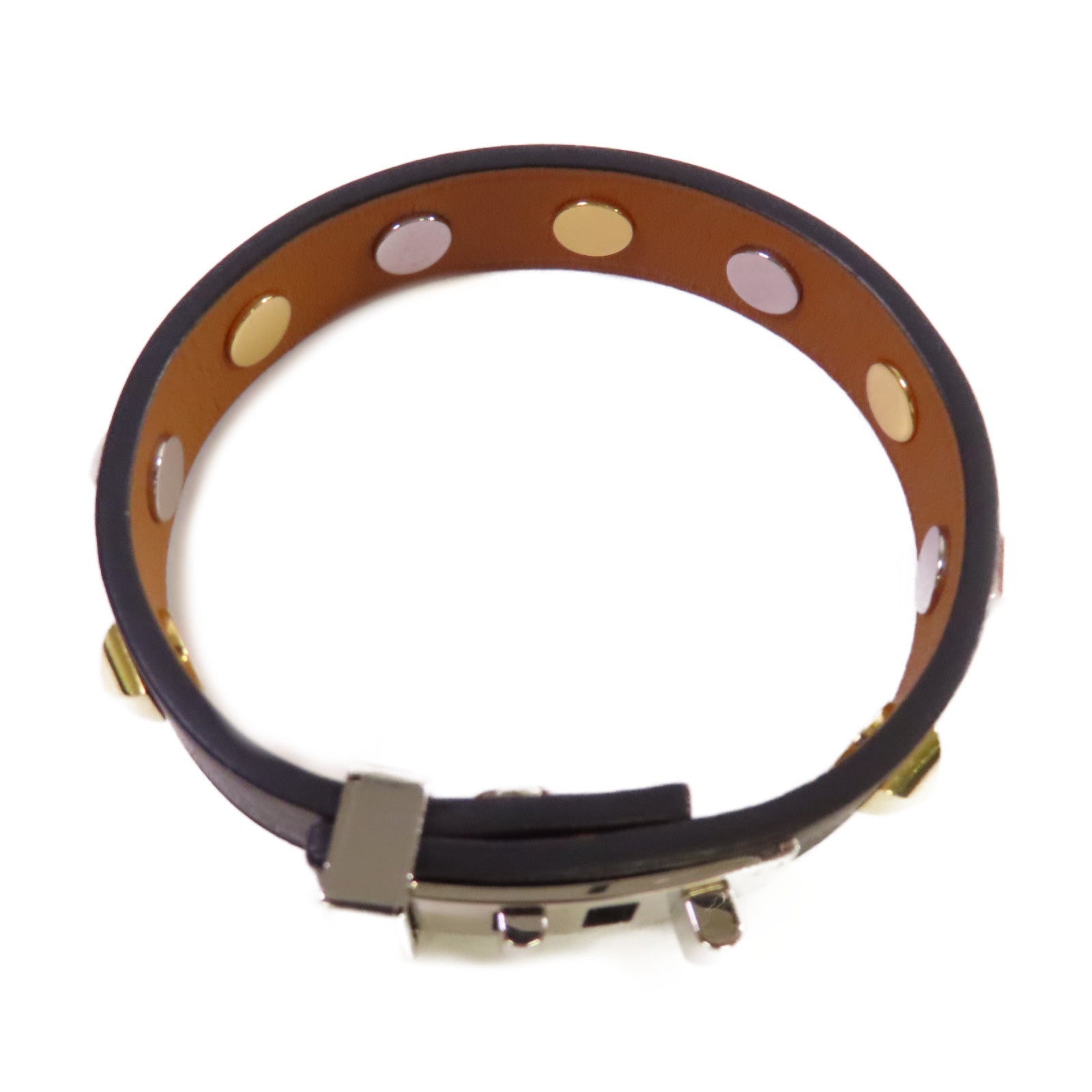 HERMES 牛皮皮革/金屬Mini Dog Bracelet銀扣手鐲黑色/金色/銀色#T2