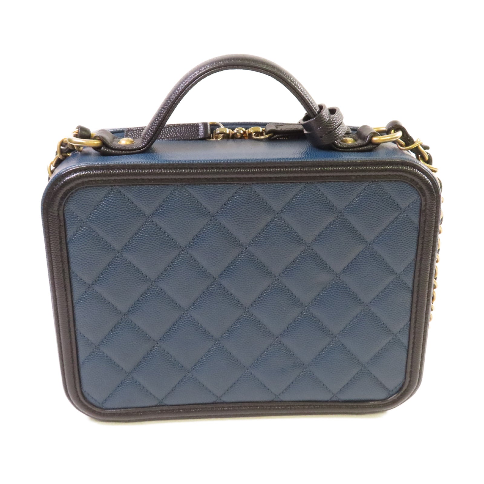 CHANEL 【激減優惠】菱格Caviar皮革Filigree Vanity Case 2Way Shoulder Bag金扣鏈帶手挽肩背兩用袋藍色/黑色