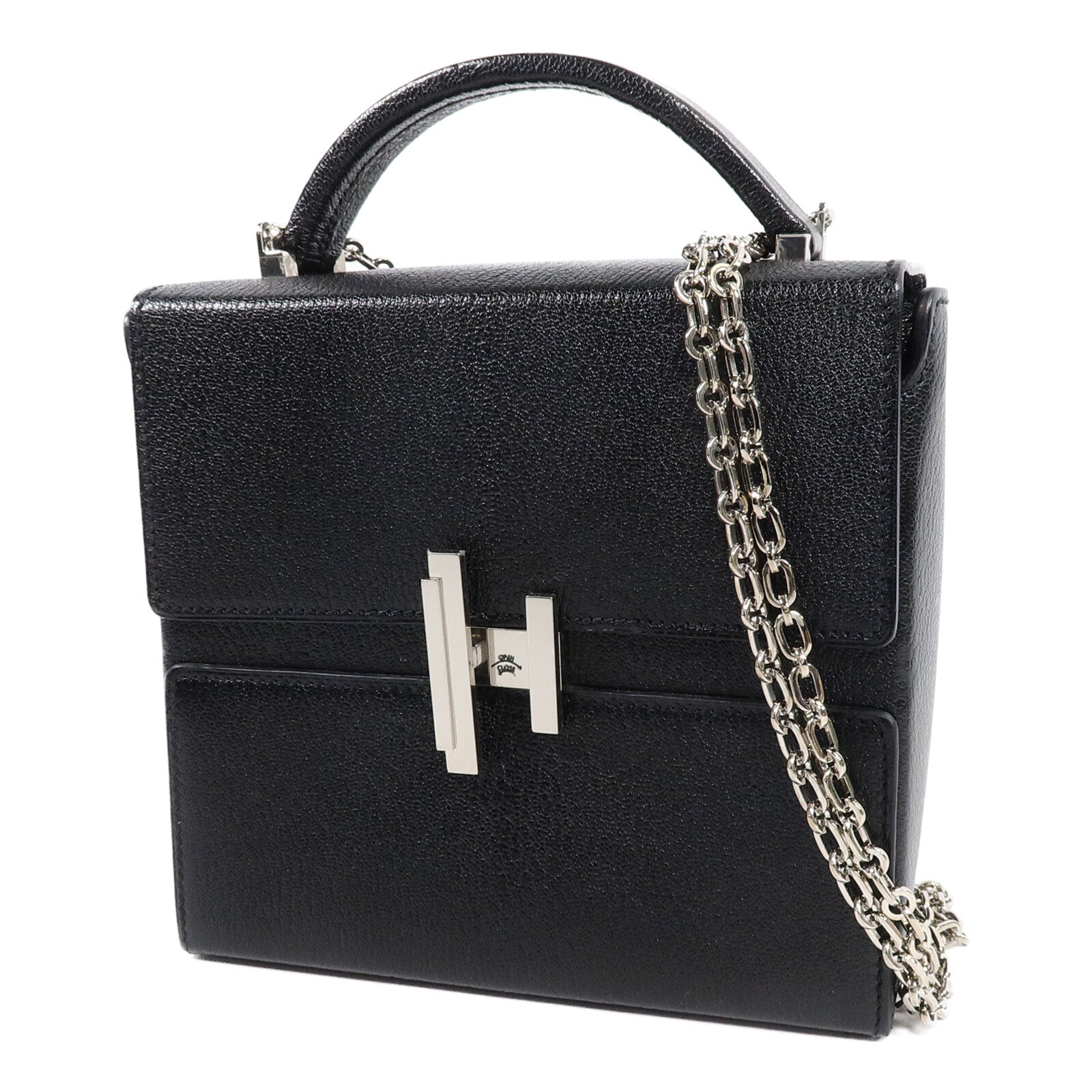 HERMES Chevre皮革Cinhetic Box肩背袋Black/Bleu Saphir
