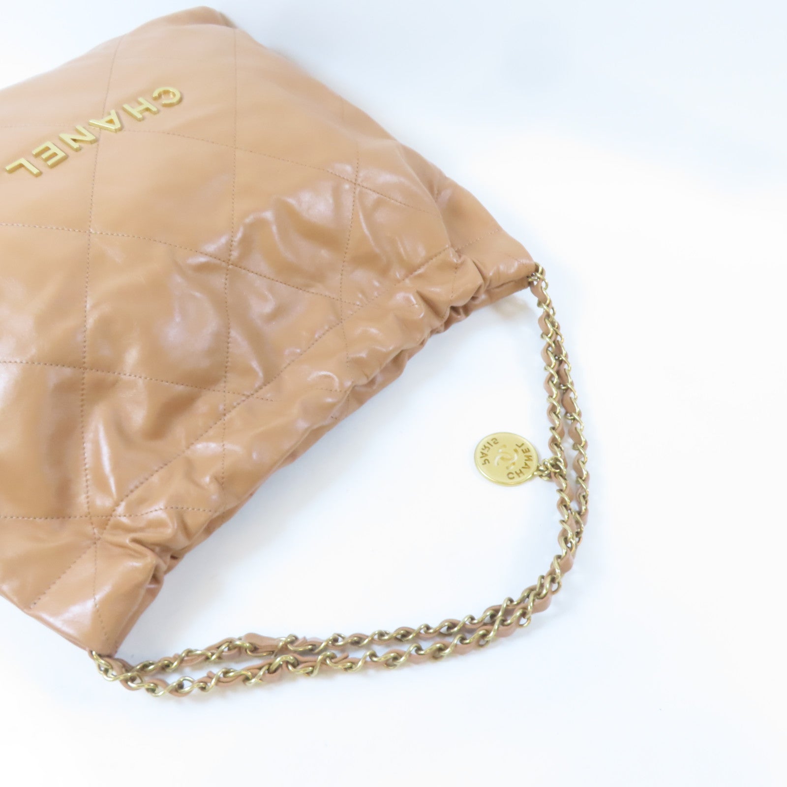 CHANEL 菱格牛皮皮革Chanel 22金扣鏈帶肩背袋啡色