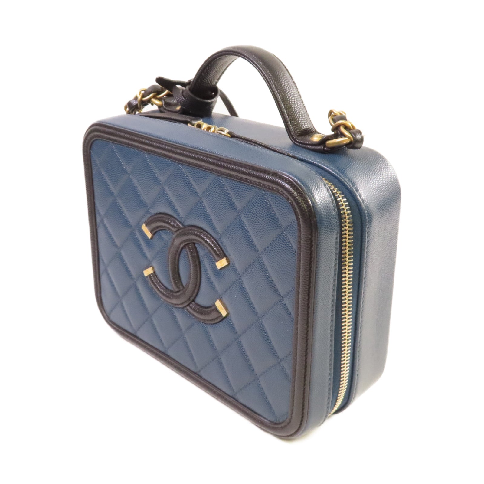 CHANEL 【激減優惠】菱格Caviar皮革Filigree Vanity Case 2Way Shoulder Bag金扣鏈帶手挽肩背兩用袋藍色/黑色