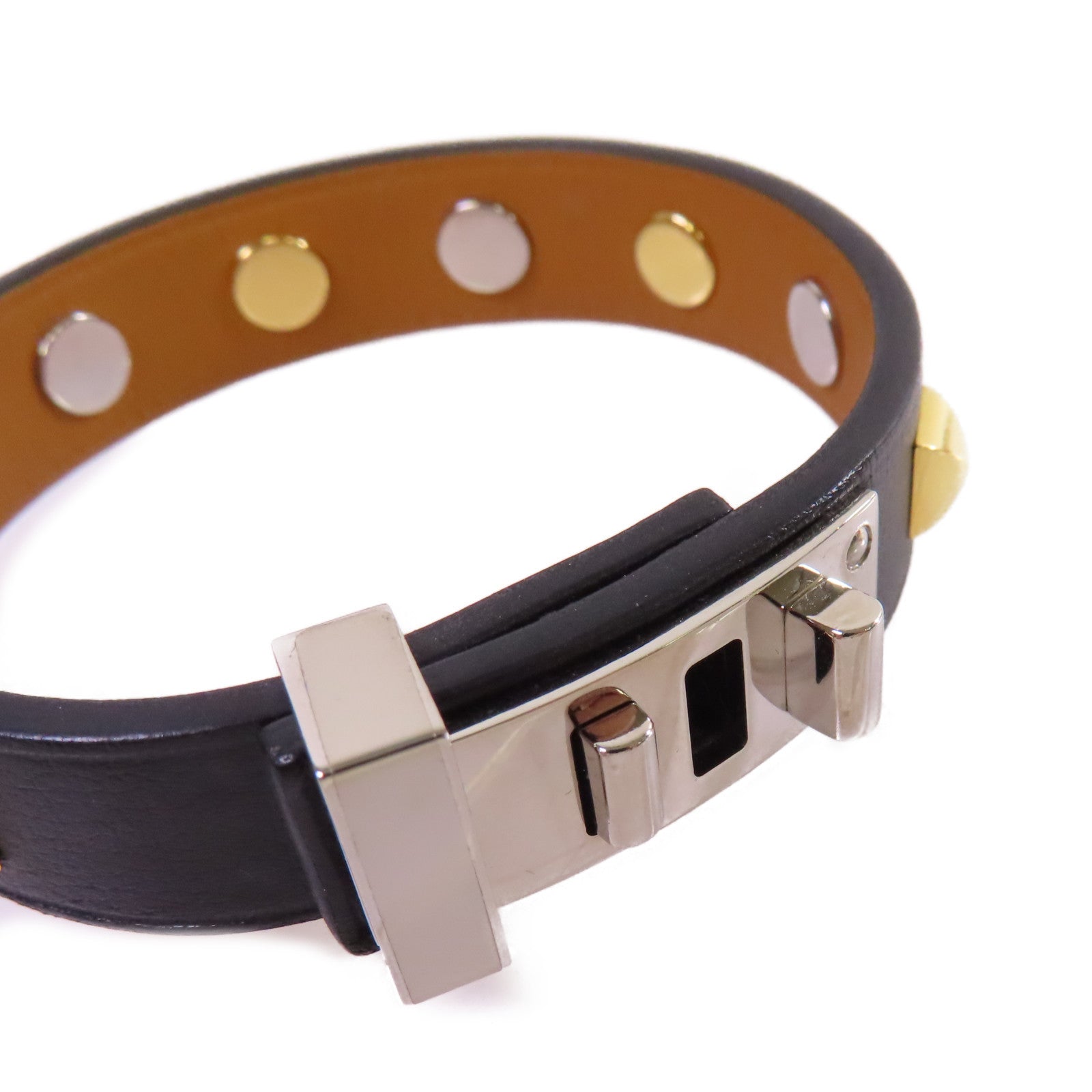 HERMES 牛皮皮革/金屬Mini Dog Bracelet銀扣手鐲黑色/金色/銀色#T2