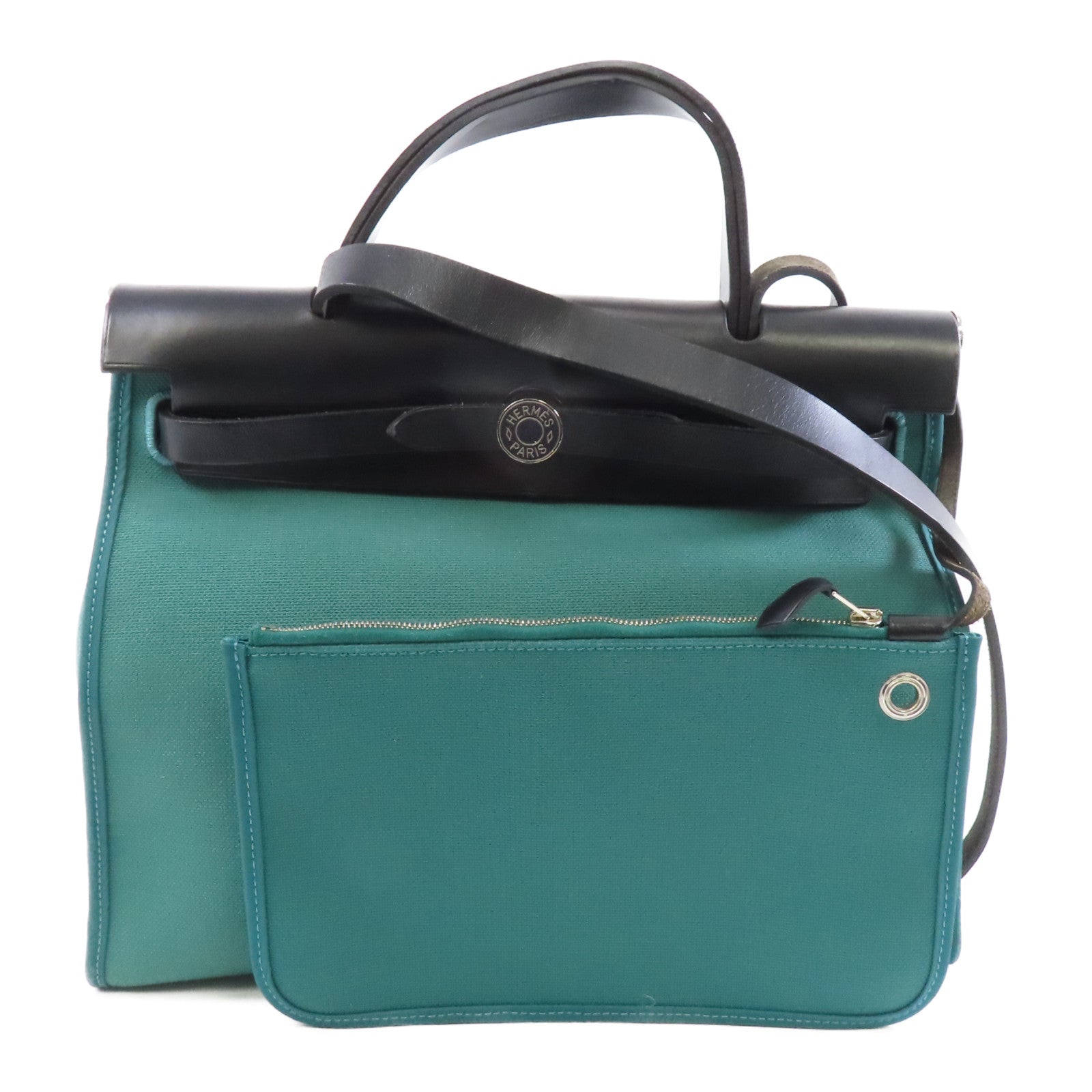 HERMES 帆布Herbag PM銀扣手挽肩背兩用袋綠色
