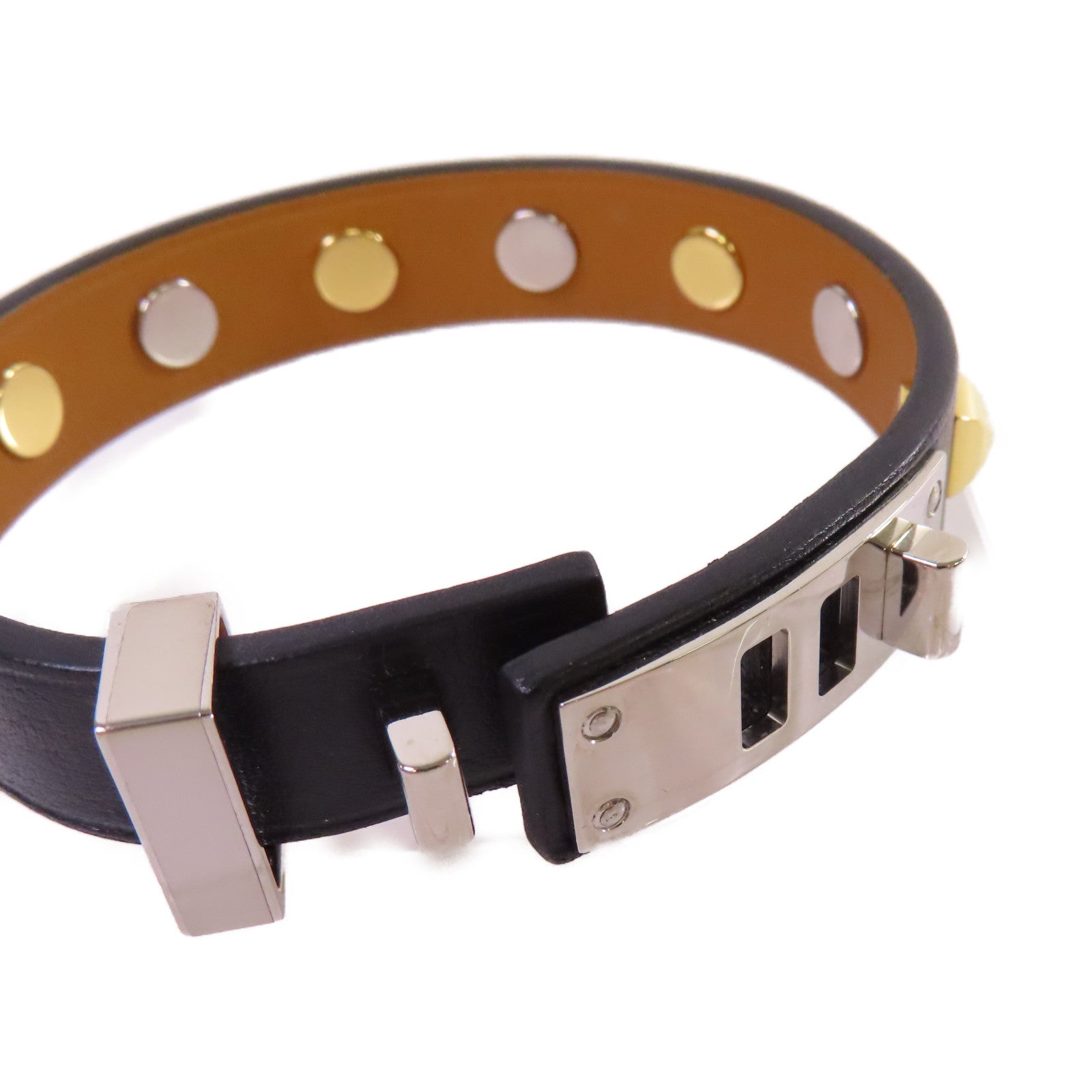 HERMES 牛皮皮革/金屬Mini Dog Bracelet銀扣手鐲黑色/金色/銀色#T2