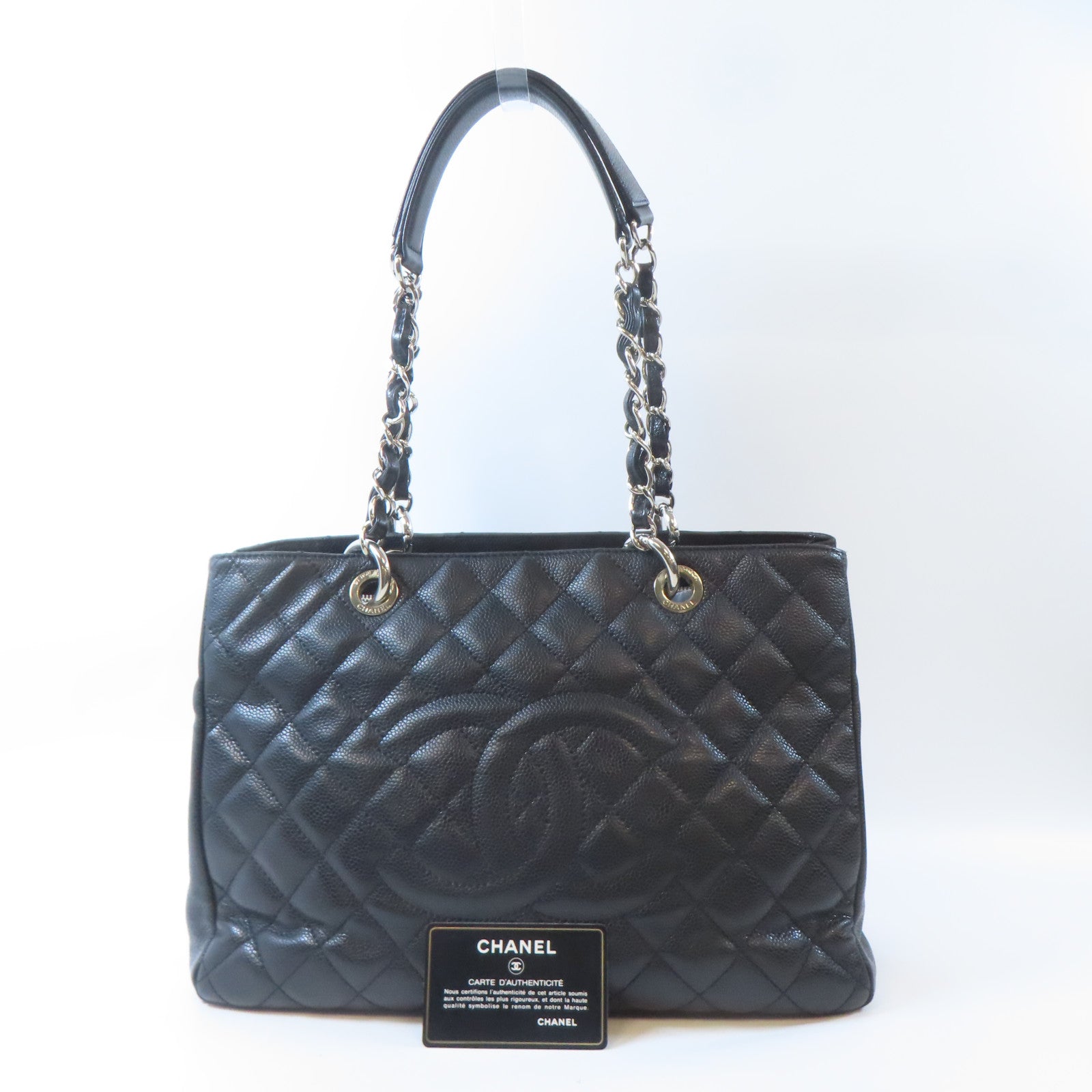 CHANEL 菱格牛皮皮革GST Grand Shopping Tote Bag銀扣肩背袋黑色