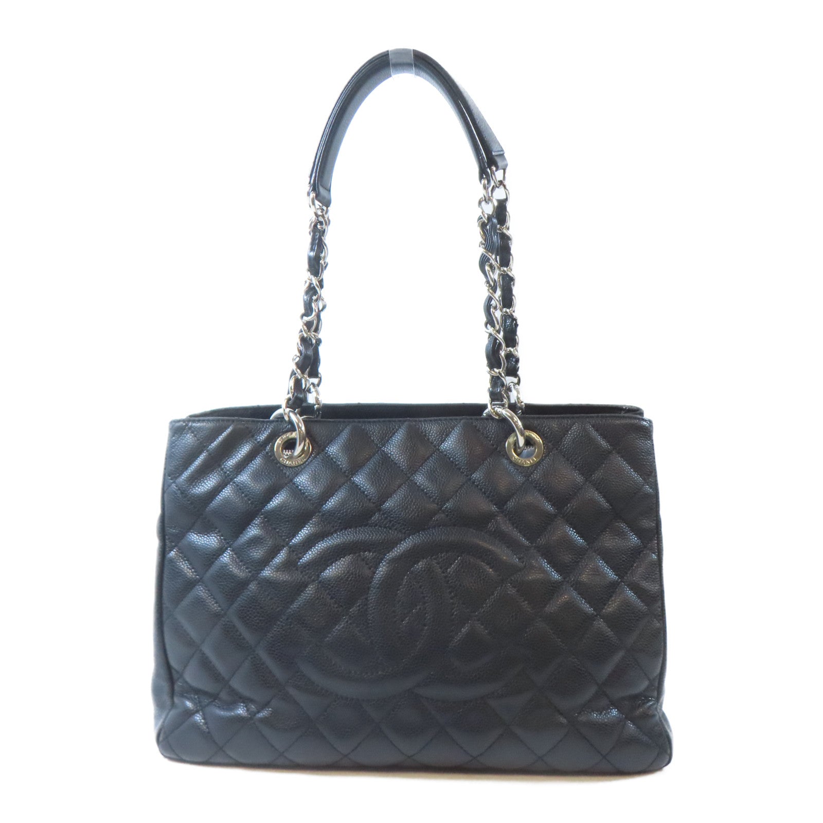 CHANEL 菱格牛皮皮革GST Grand Shopping Tote Bag銀扣肩背袋黑色