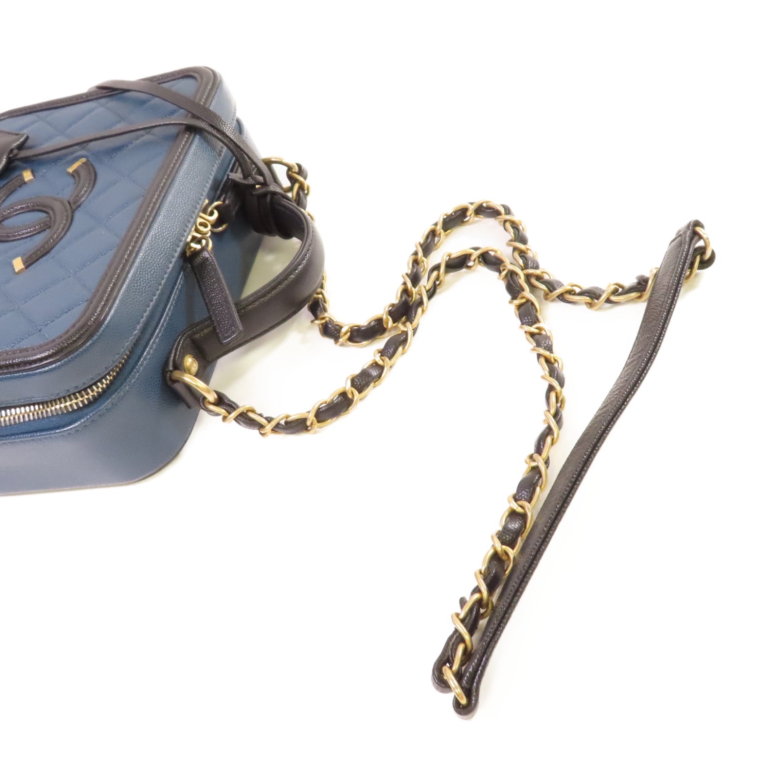 CHANEL 【激減優惠】菱格Caviar皮革Filigree Vanity Case 2Way Shoulder Bag金扣鏈帶手挽肩背兩用袋藍色/黑色
