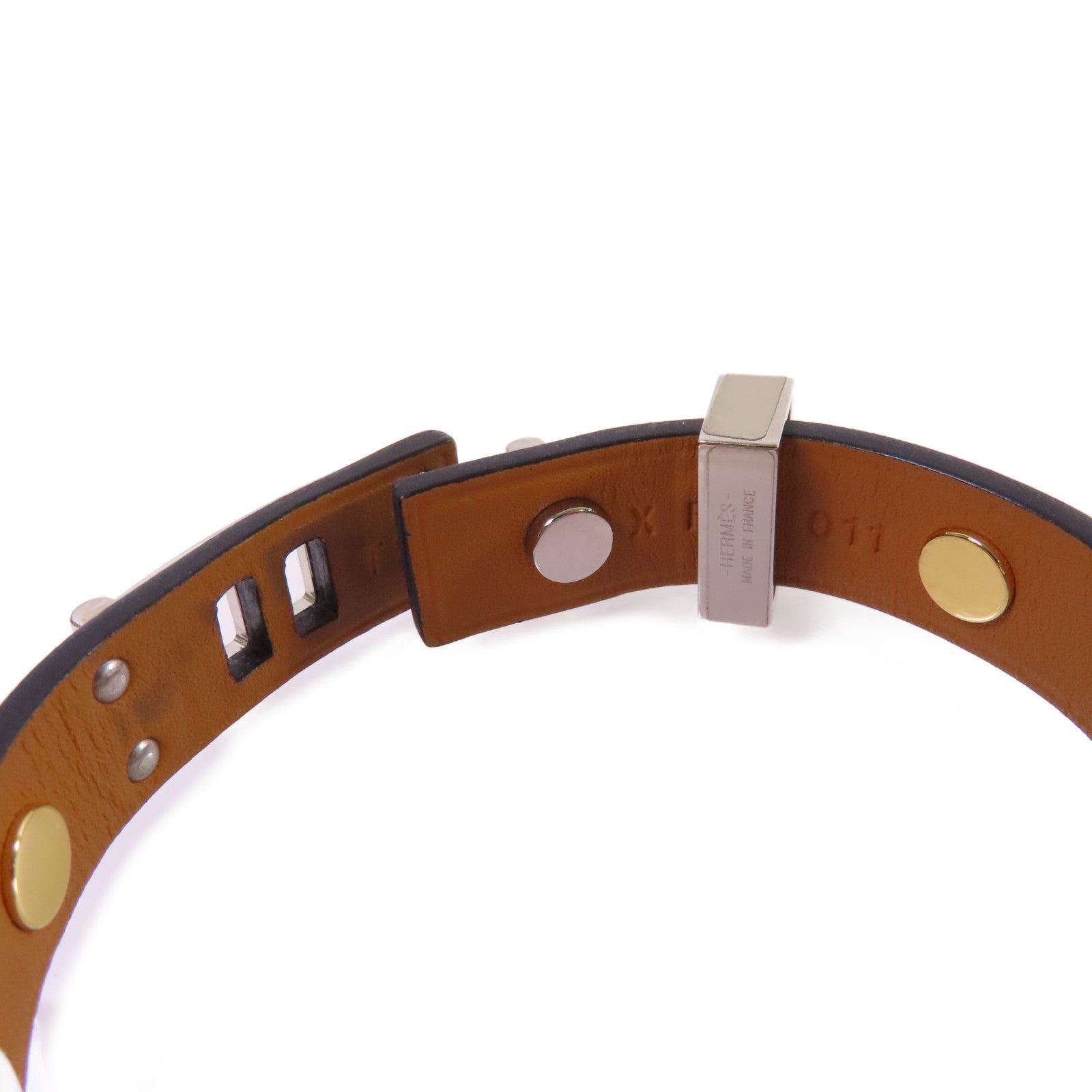 HERMES 牛皮皮革/金屬Mini Dog Bracelet銀扣手鐲黑色/金色/銀色#T2