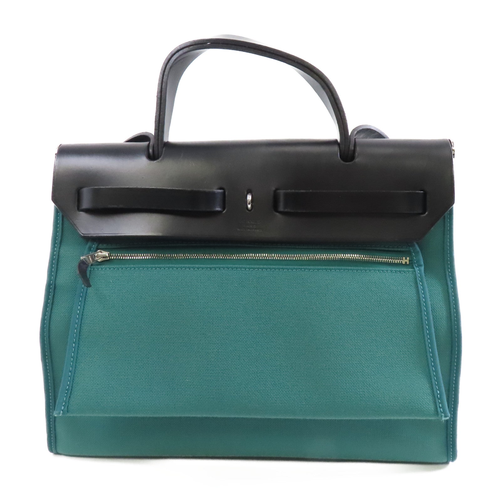HERMES 帆布Herbag PM銀扣手挽肩背兩用袋綠色