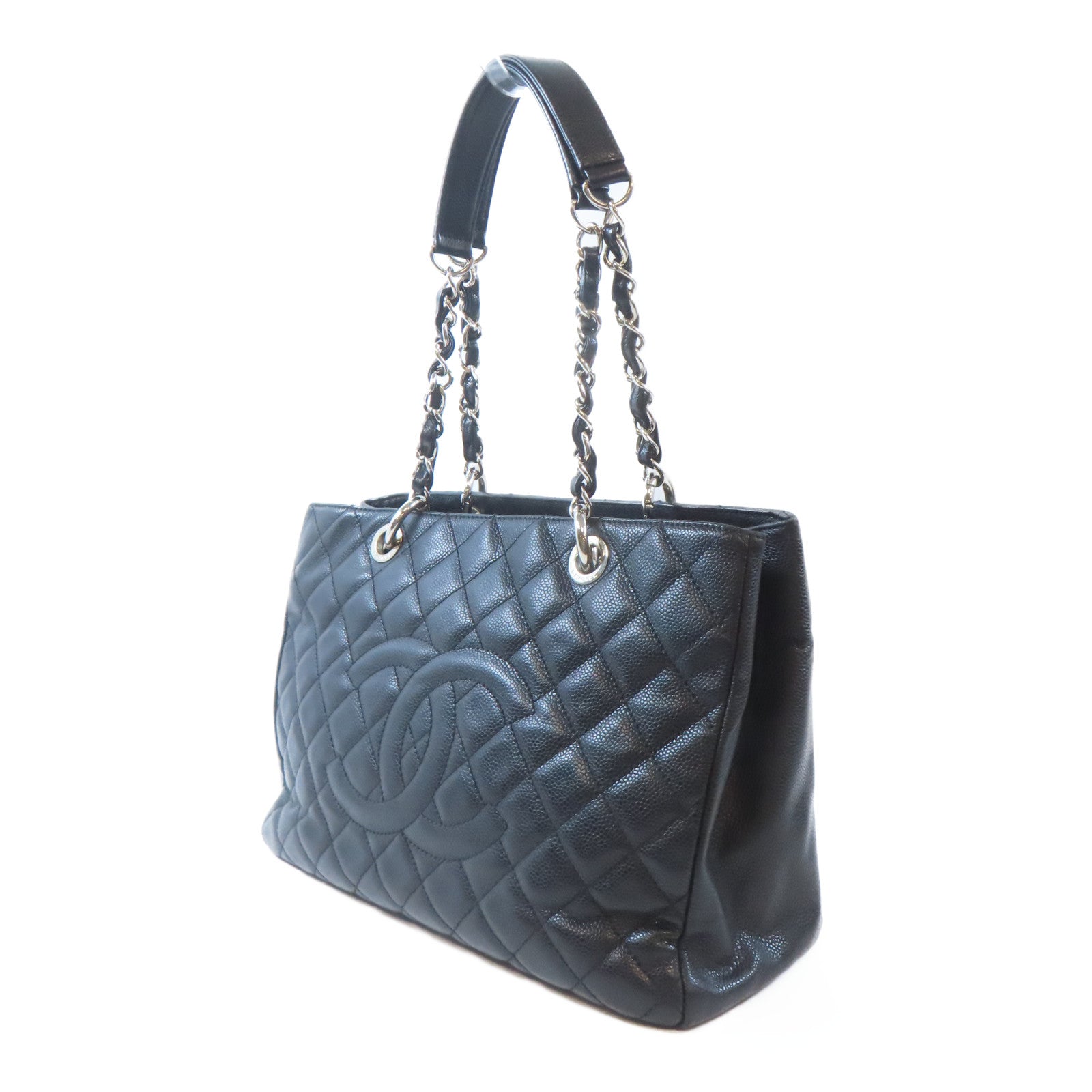 CHANEL 菱格牛皮皮革GST Grand Shopping Tote Bag銀扣肩背袋黑色