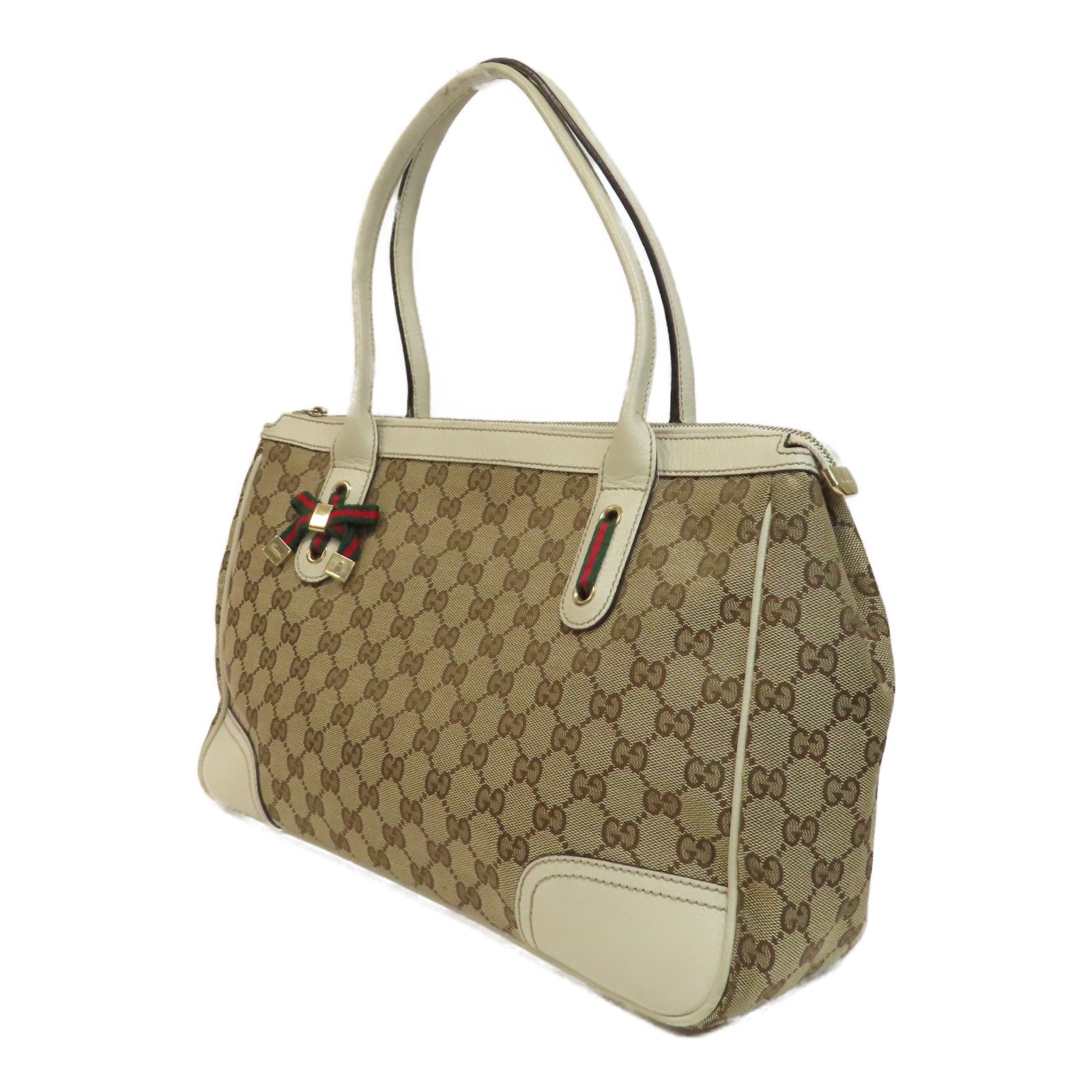 GUCCI 帆布GG Tote金扣肩背袋啡色/白色
