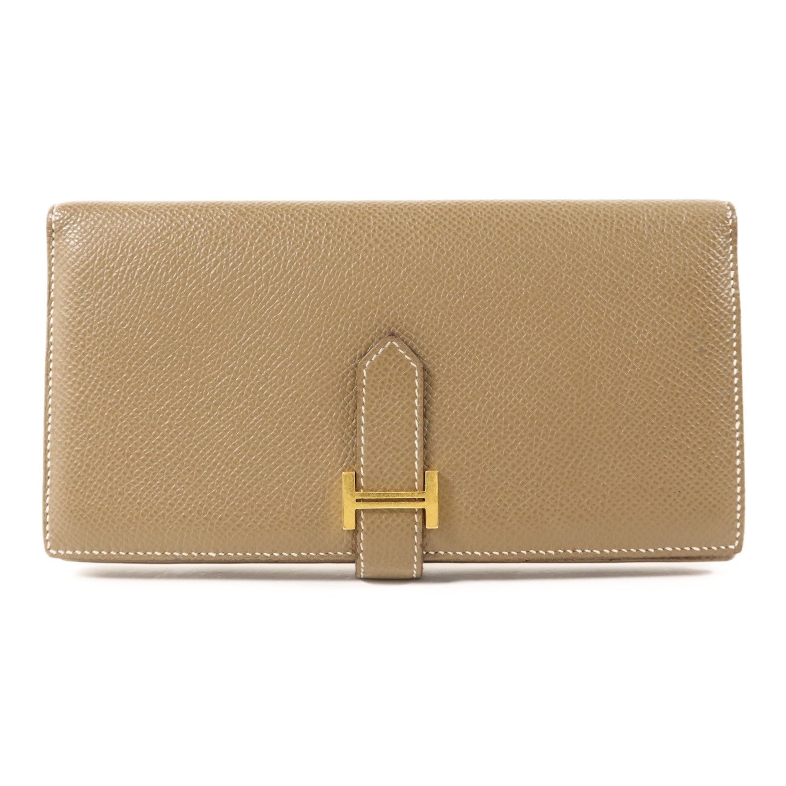 HERMES 【激減優惠】Epsom皮革Bearn Soufflet Wallet金扣長錢包Etoupe