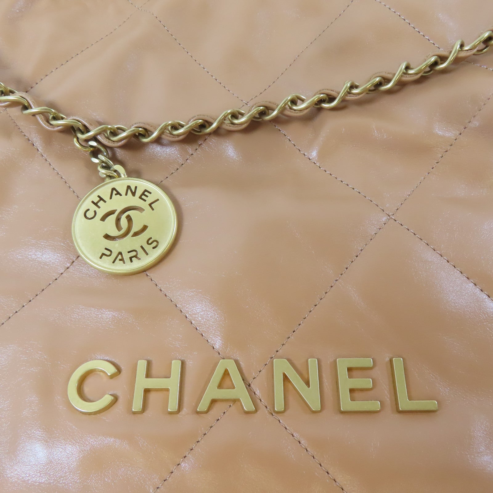 CHANEL 菱格牛皮皮革Chanel 22金扣鏈帶肩背袋啡色