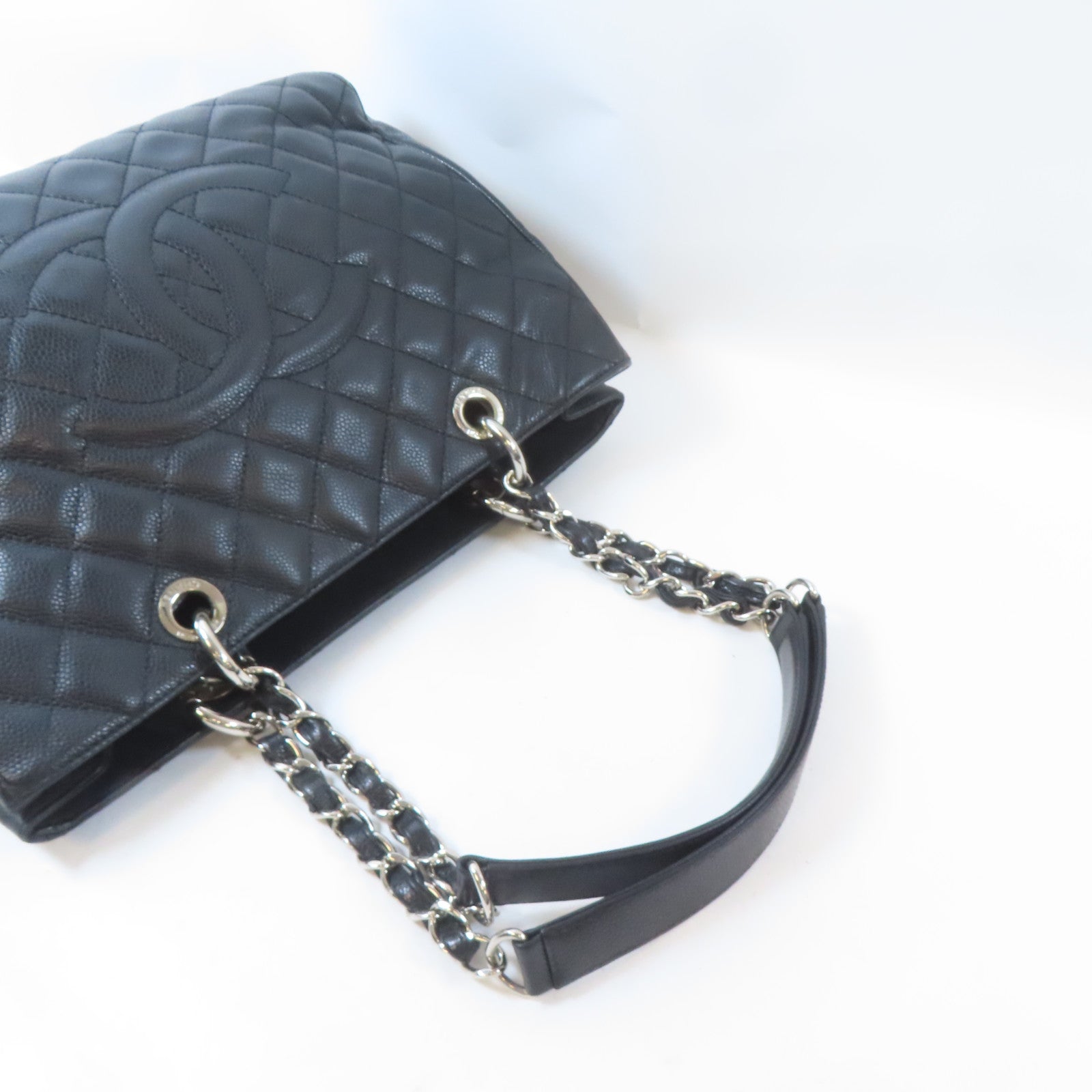 CHANEL 菱格牛皮皮革GST Grand Shopping Tote Bag銀扣肩背袋黑色