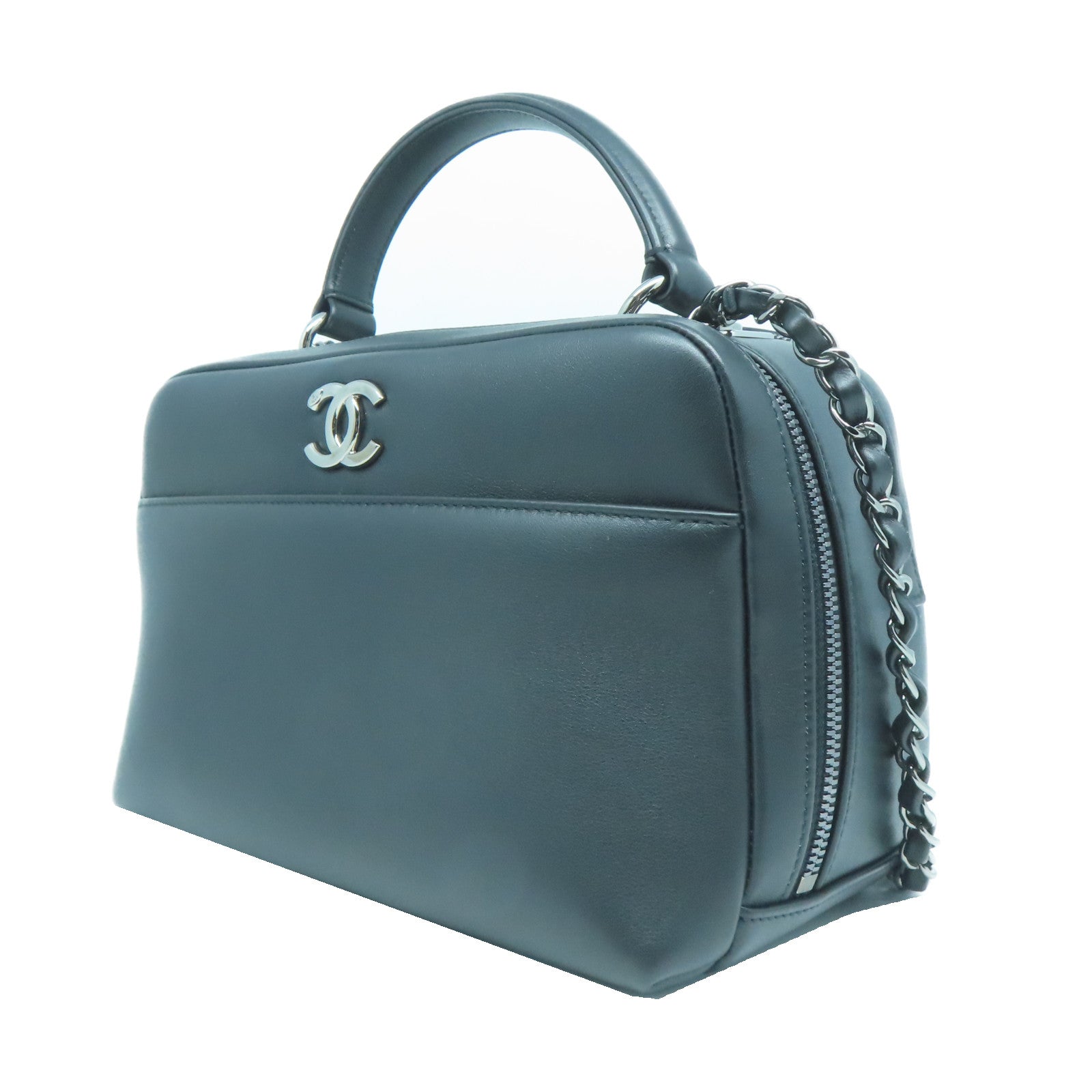 CHANEL 【激減優惠】羊皮皮革Chain Shoulder銀扣手挽肩背兩用袋黑色