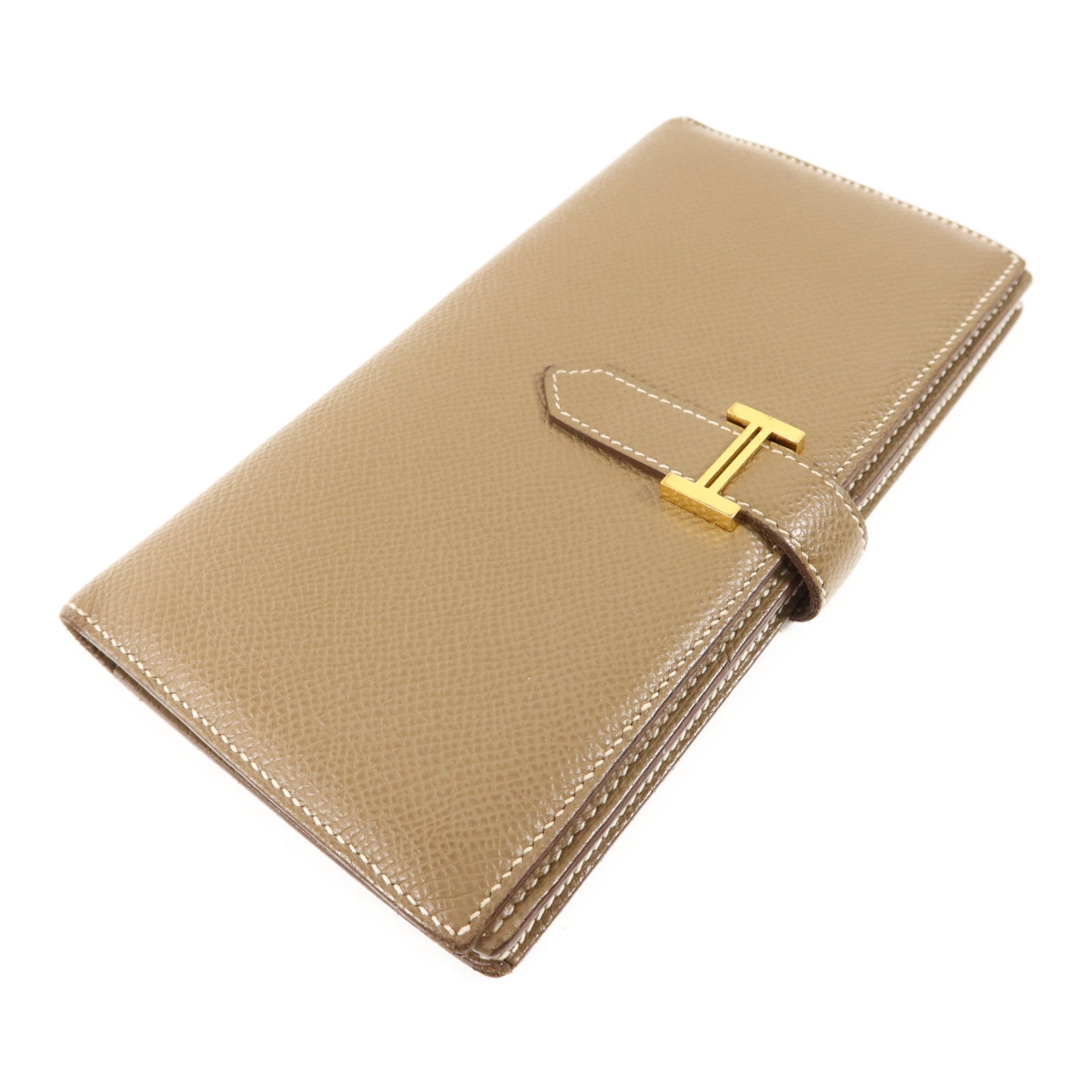 HERMES 【激減優惠】Epsom皮革Bearn Soufflet Wallet金扣長錢包Etoupe