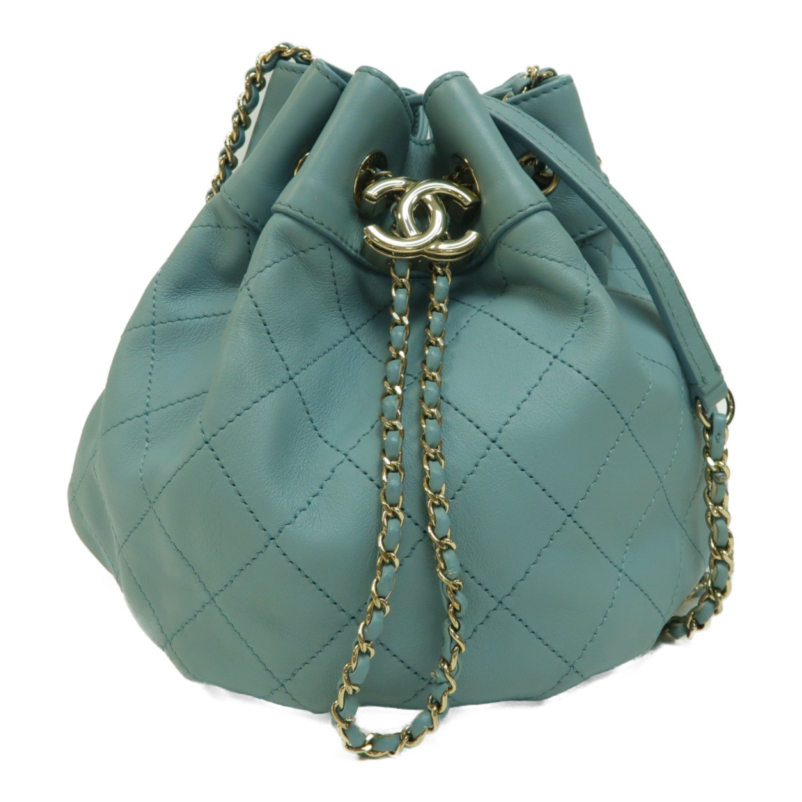 CHANEL 【激減優惠】菱格羊皮皮革Drawstring金扣鏈帶肩背袋藍色