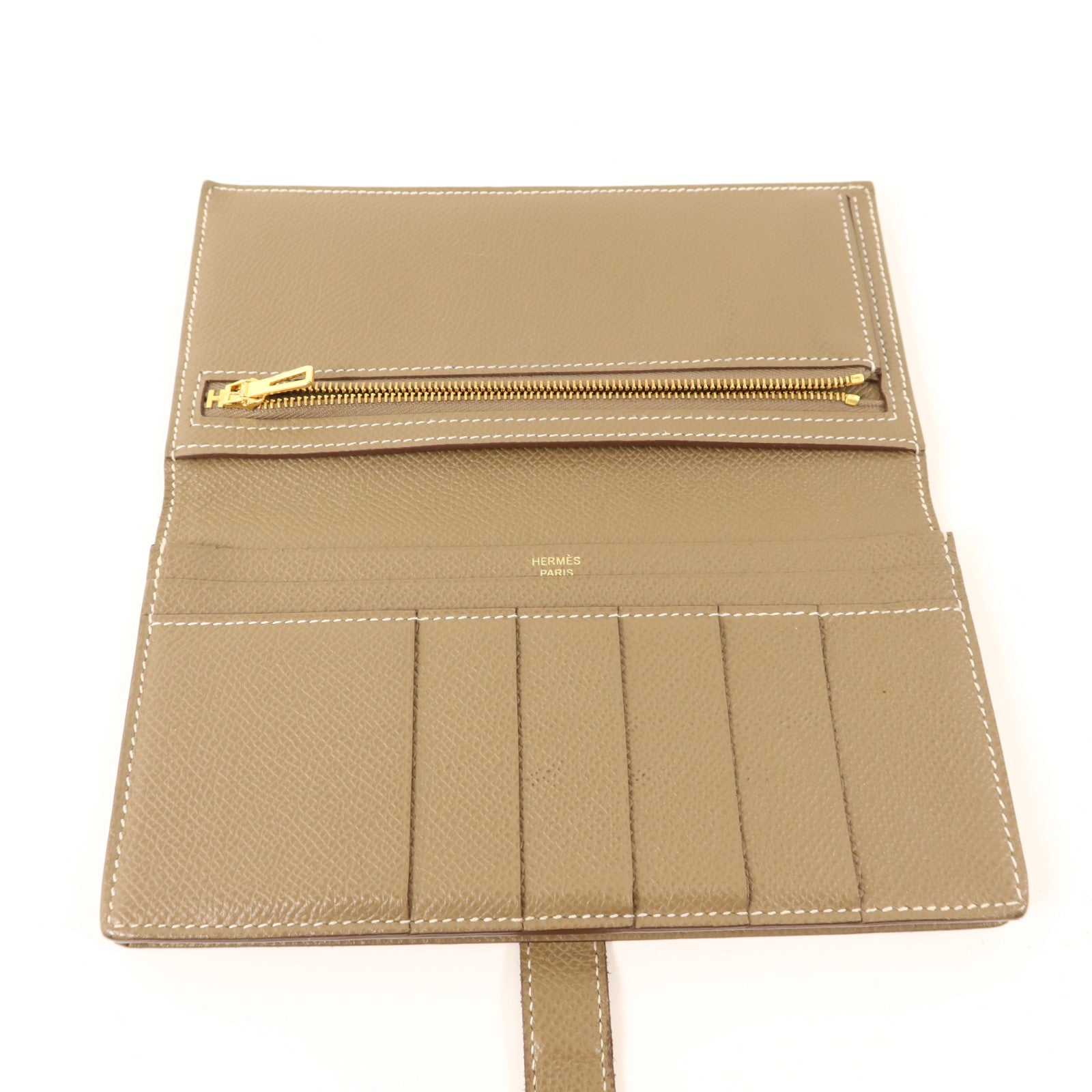 HERMES 【激減優惠】Epsom皮革Bearn Soufflet Wallet金扣長錢包Etoupe