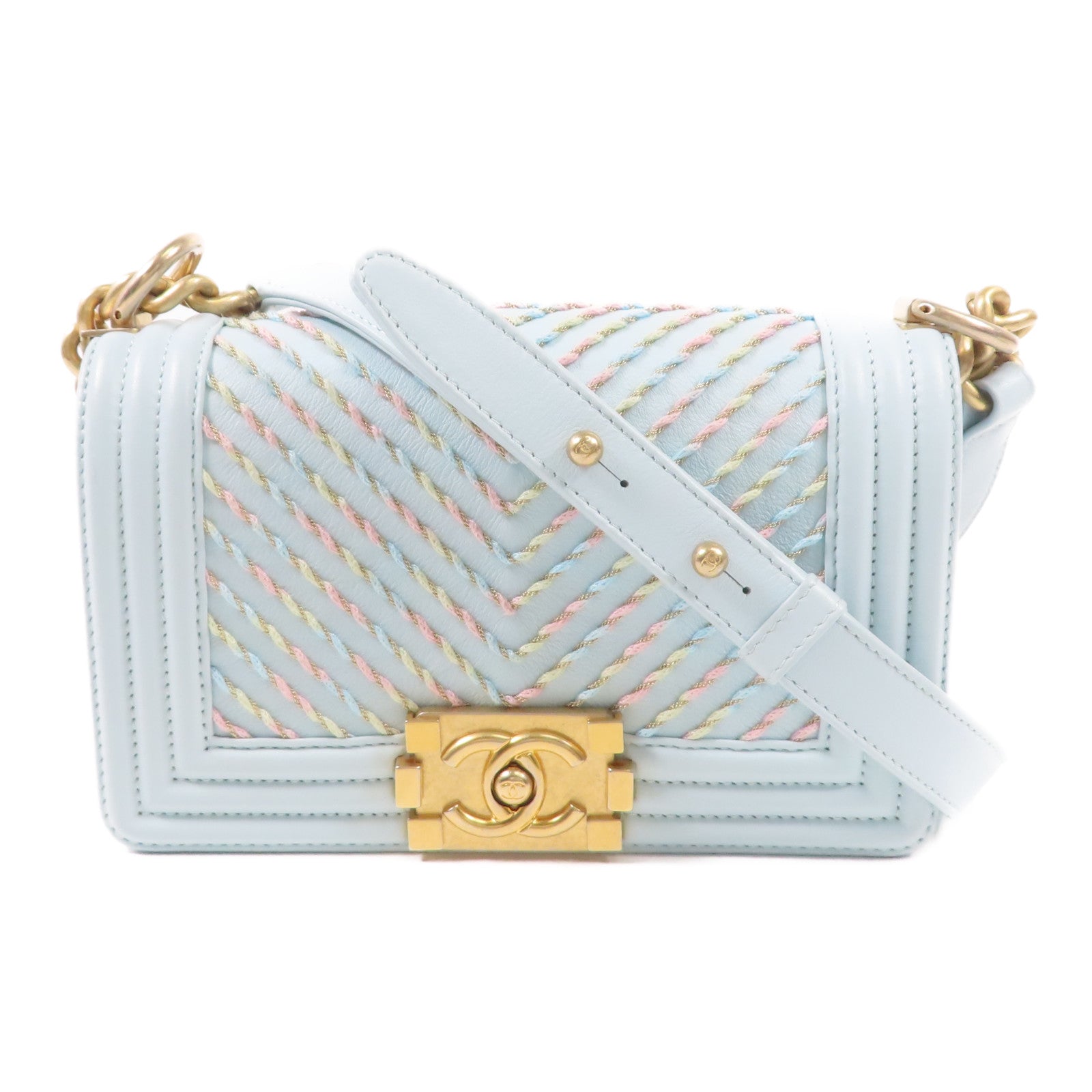 CHANEL 牛皮皮革/斜紋軟呢Boy 20金扣鏈帶肩背袋