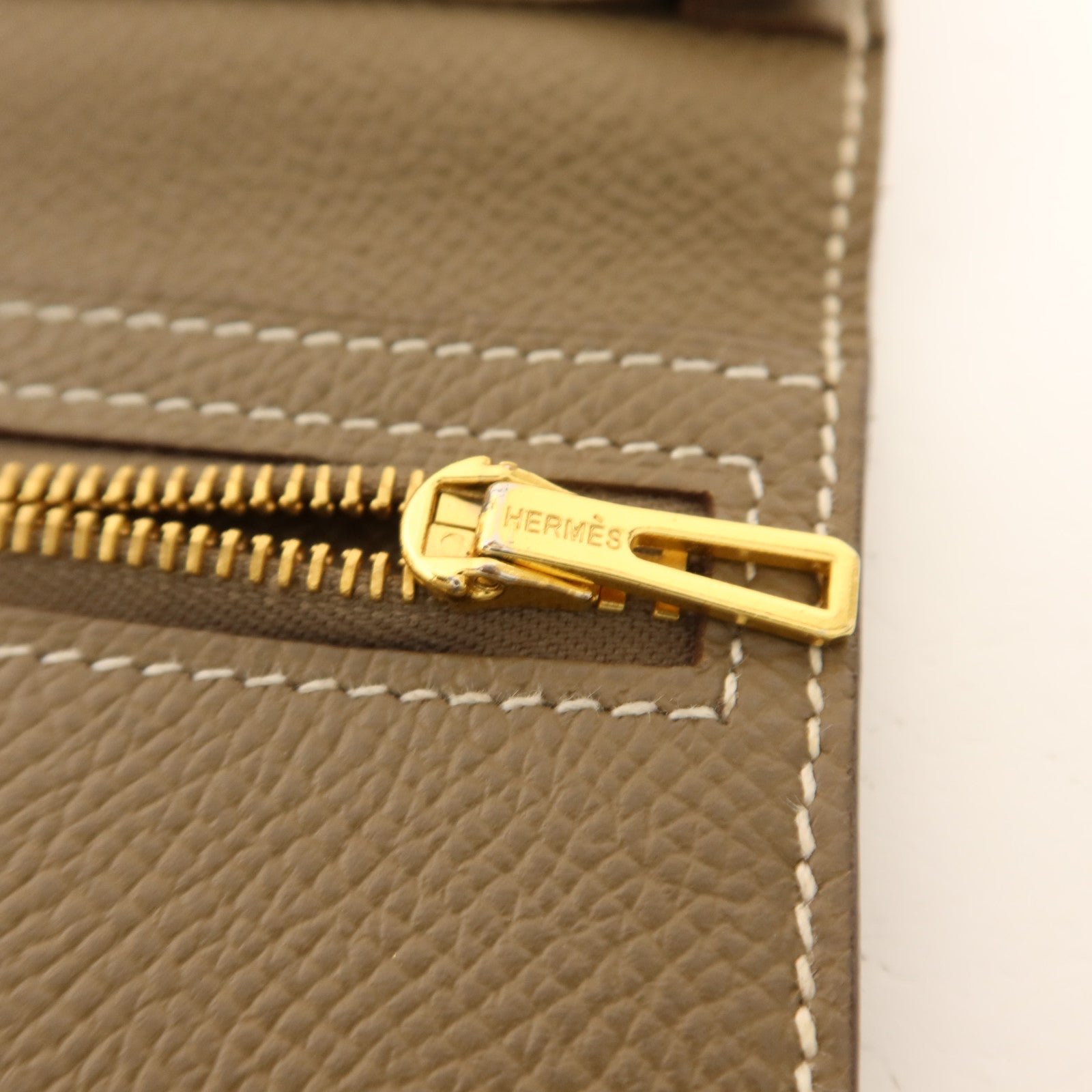 HERMES 【激減優惠】Epsom皮革Bearn Soufflet Wallet金扣長錢包Etoupe