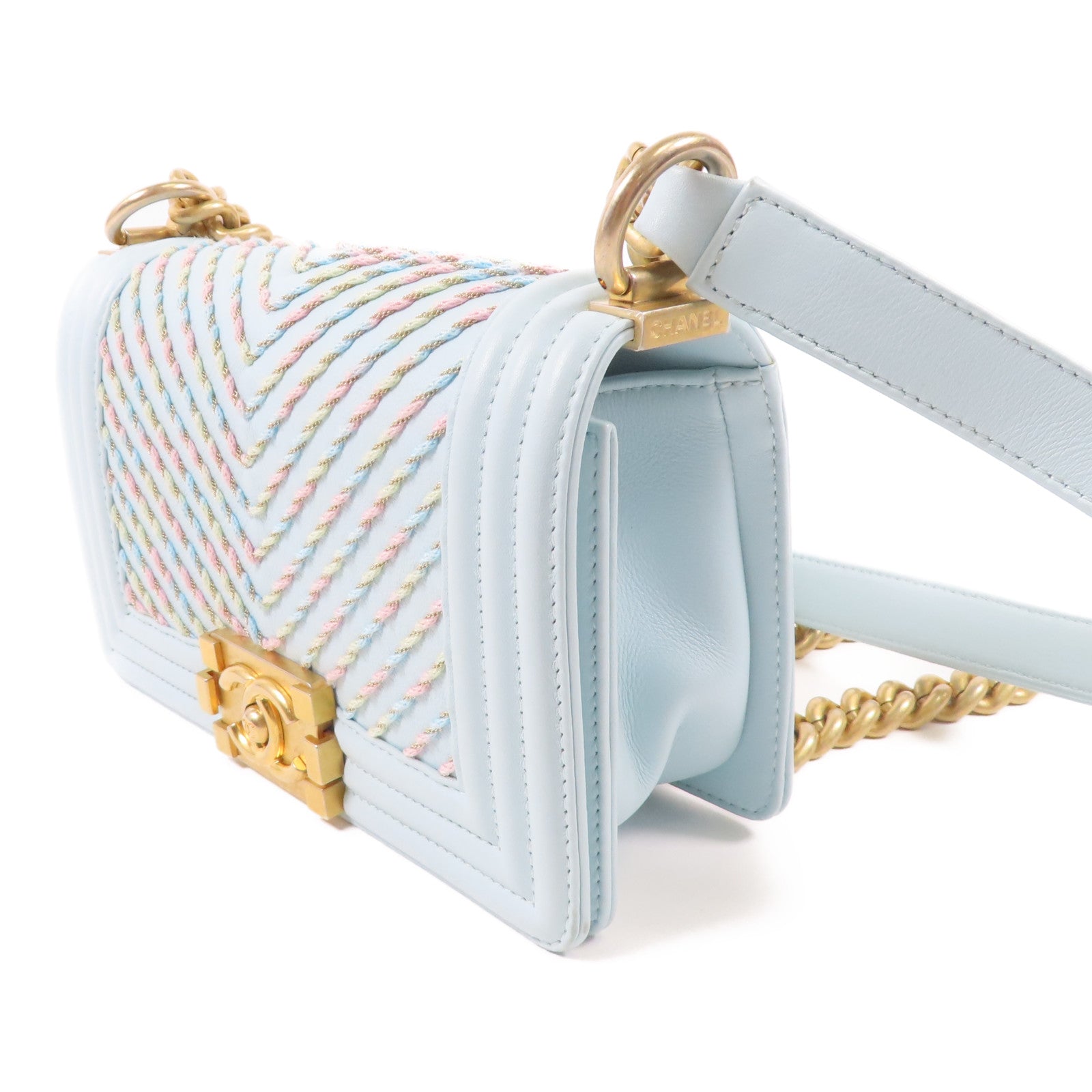 CHANEL 牛皮皮革/斜紋軟呢Boy 20金扣鏈帶肩背袋