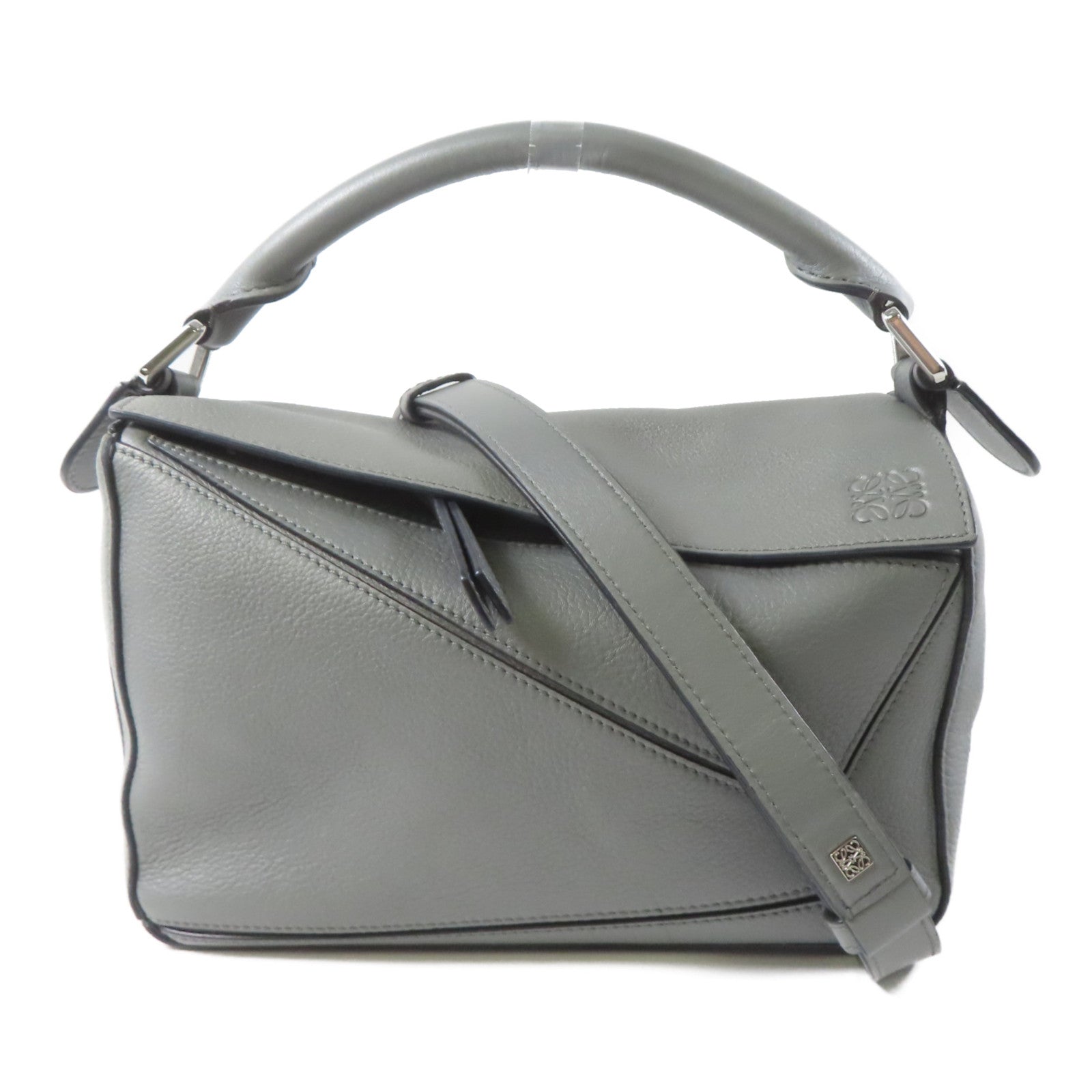 LOEWE 牛皮皮革Puzzle銀扣手挽肩背兩用袋灰色