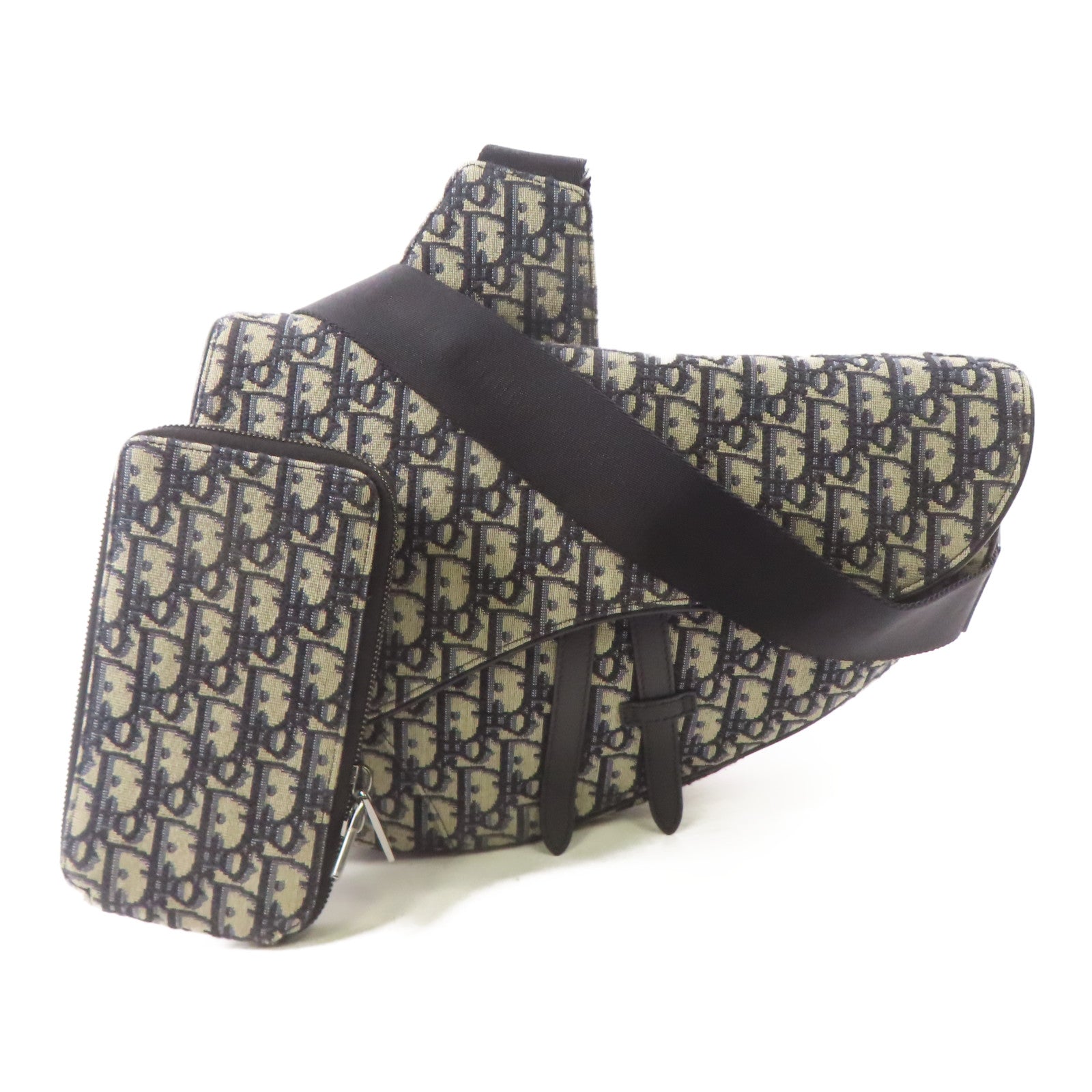 Dior 帆布Maxi Saddle Bag肩背袋黑色/米色/藍色