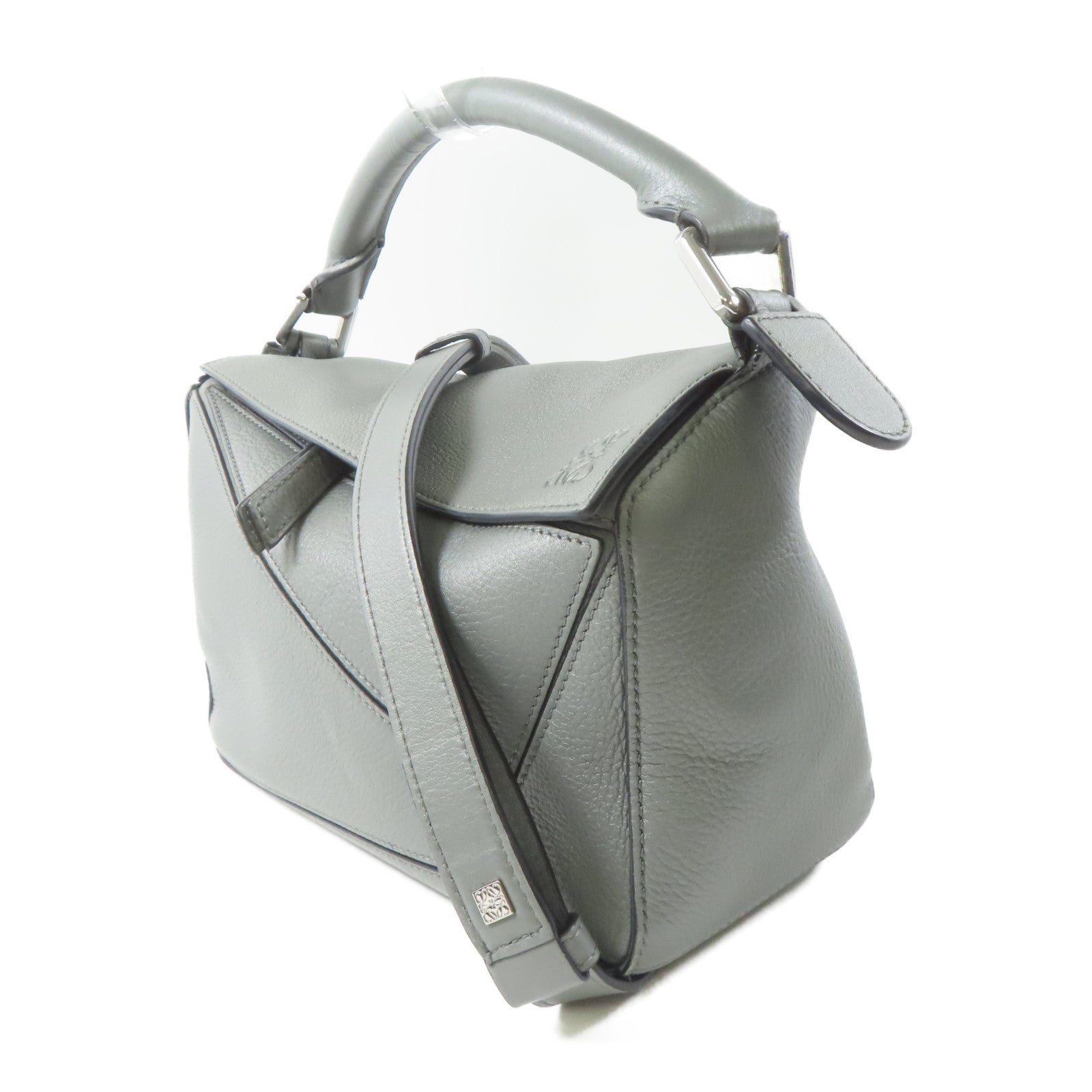 LOEWE 牛皮皮革Puzzle銀扣手挽肩背兩用袋灰色